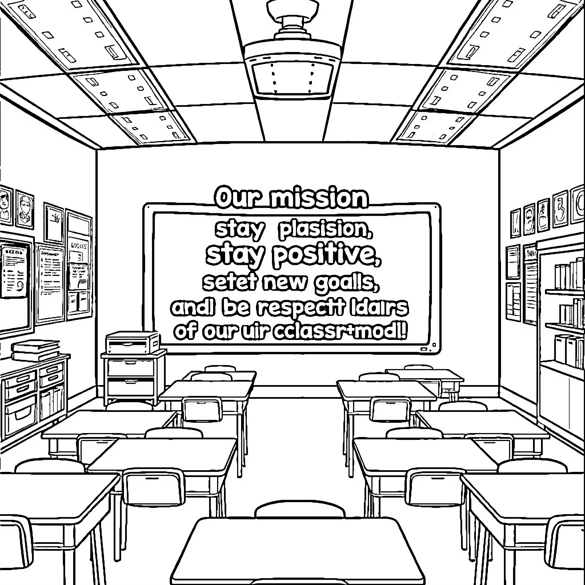 Classroom with Motivational Message on Wall Coloring Page (free black-and-white line drawing printable PDF for all, from beginners to advanced learners, including children, teens, adults, and seniors)