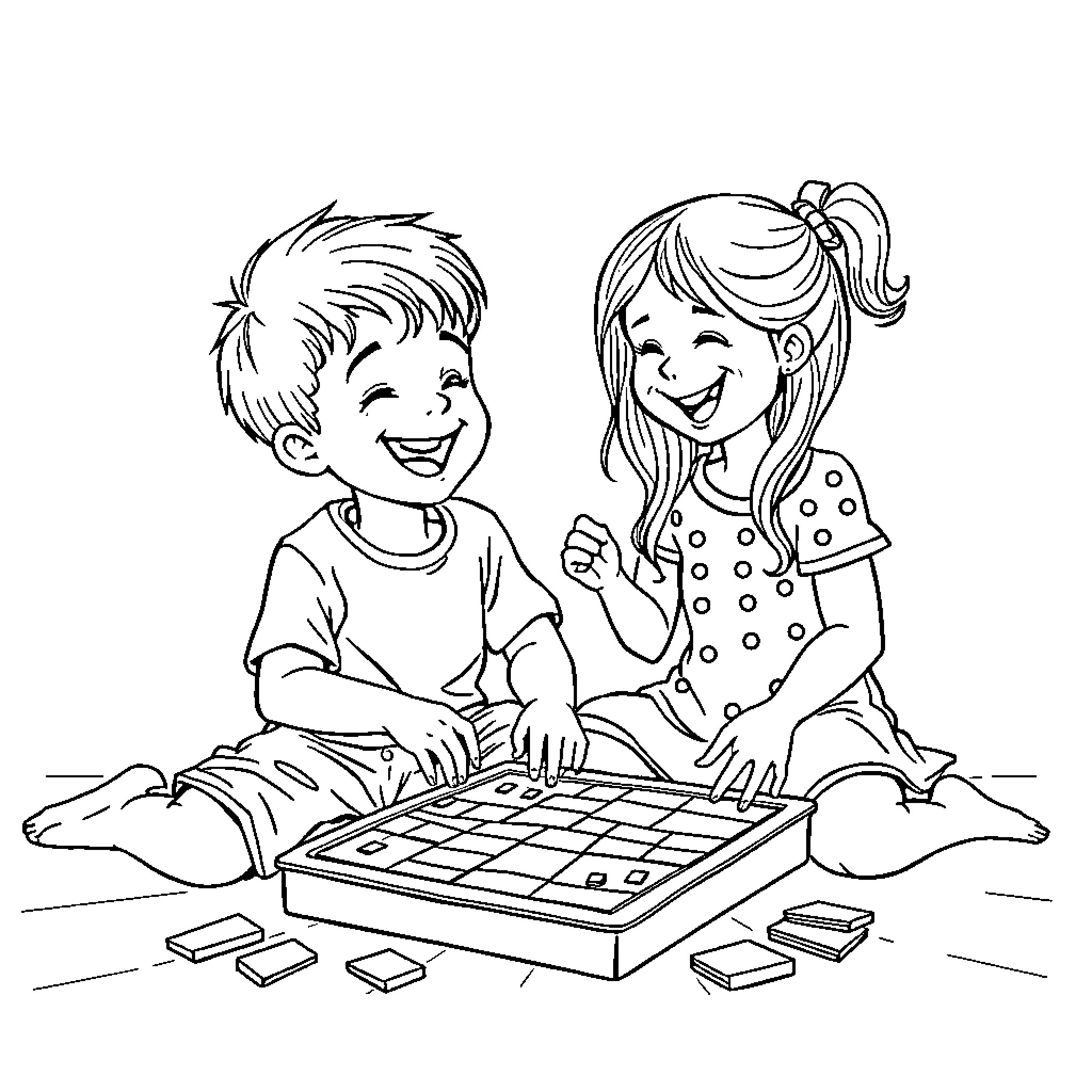 Sibling Bonding Through Friendly Board Game Coloring Page (free black-and-white line drawing printable PDF for all, from beginners to advanced learners, including children, teens, adults, and seniors)
