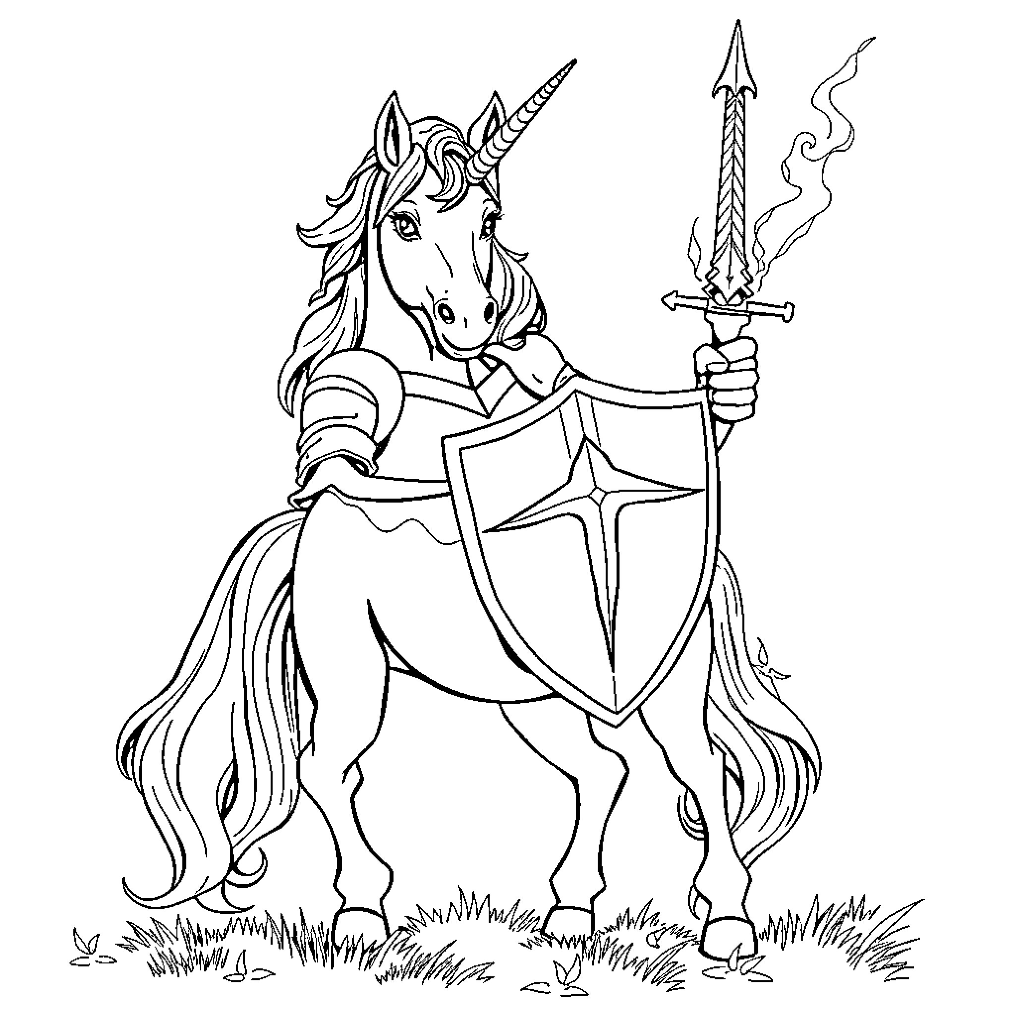 Unicorn Knight Wielding a Magical Sword Coloring Page (free black-and-white line drawing printable PDF for all, from beginners to advanced learners, including children, teens, adults, and seniors)