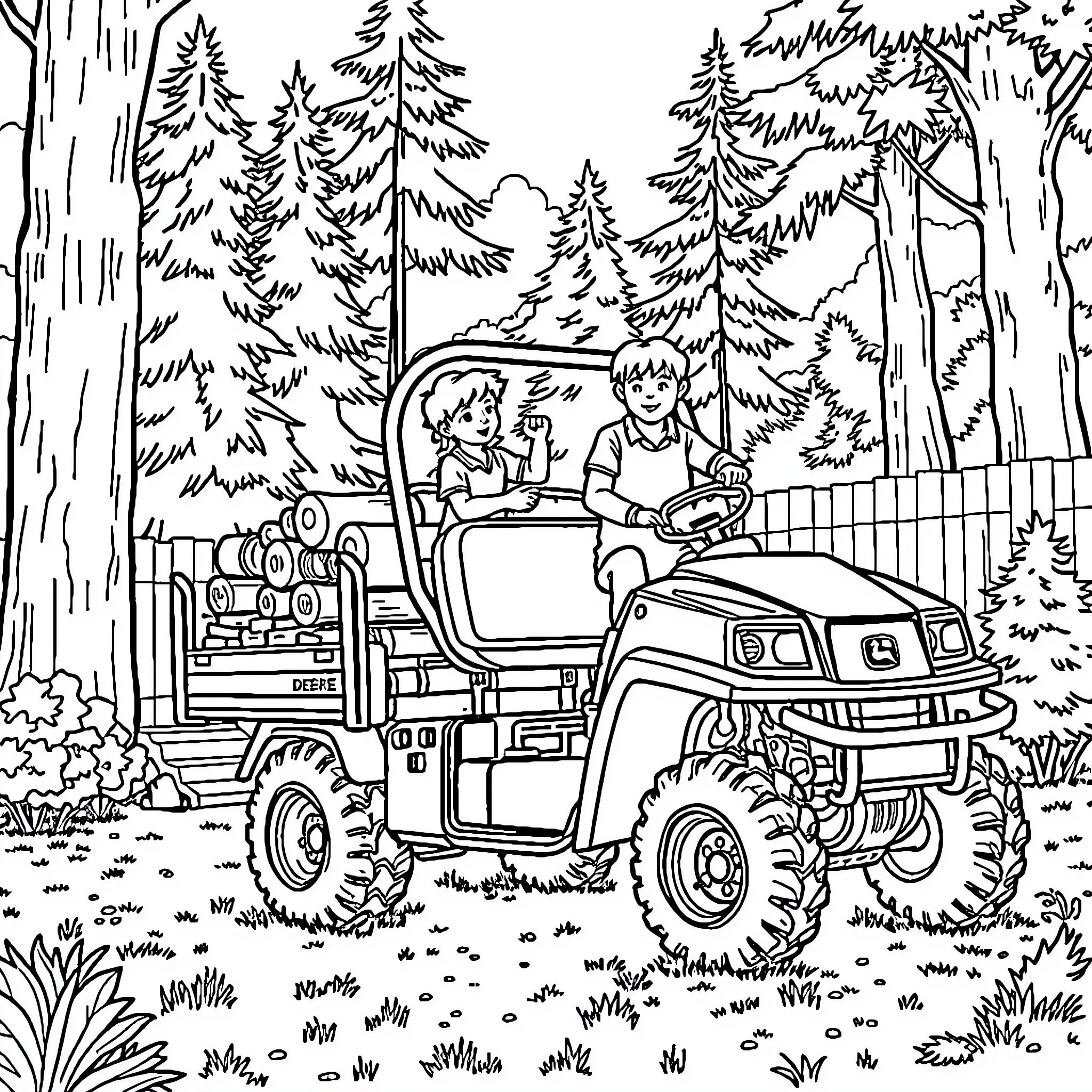 Gator adventure through the forest landscape Coloring Page (free black-and-white line drawing printable PDF for all, from beginners to advanced learners, including children, teens, adults, and seniors)