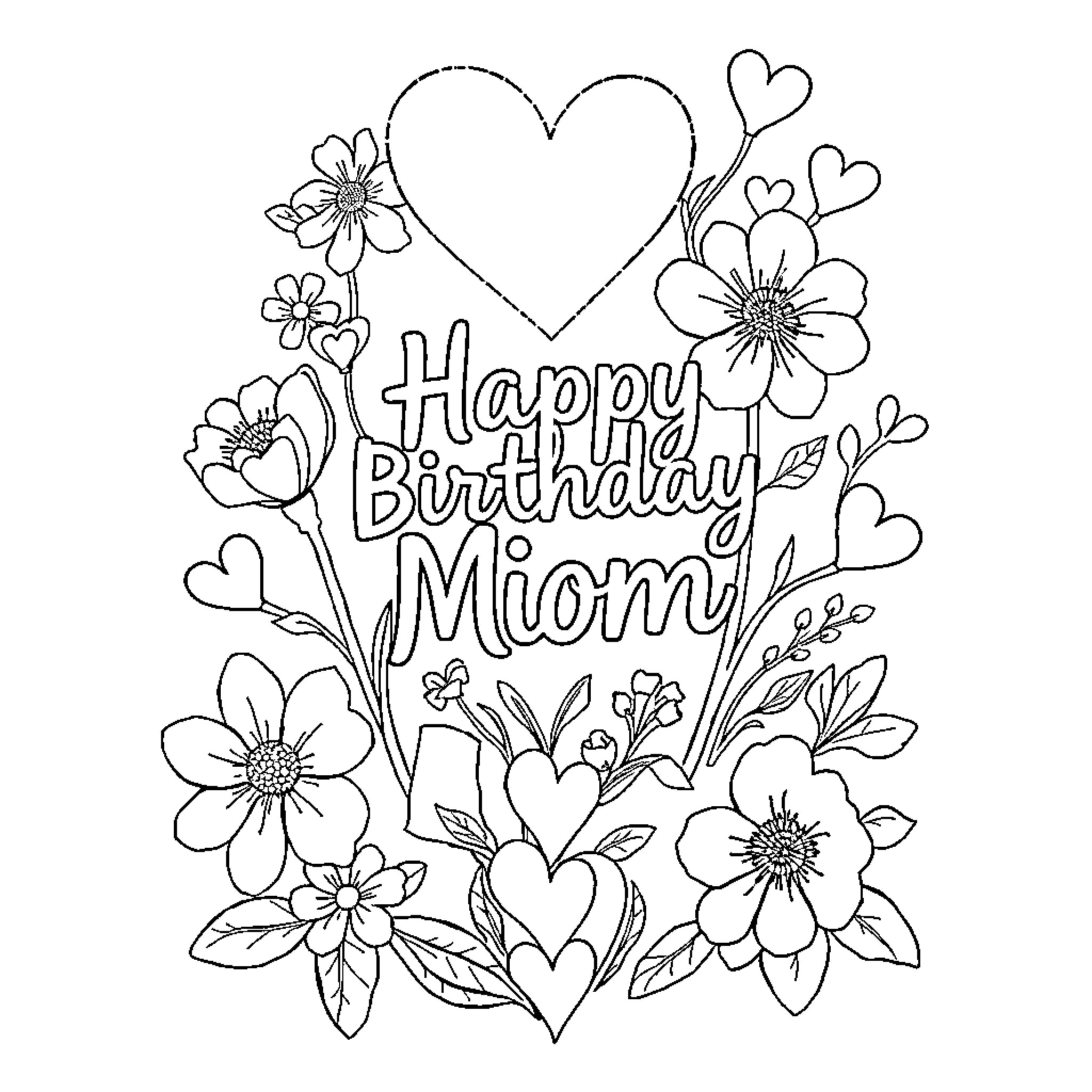 Birthday Card with Floral Heart Design for Mom Coloring Page (free black-and-white line drawing printable PDF for all, from beginners to advanced learners, including children, teens, adults, and seniors)