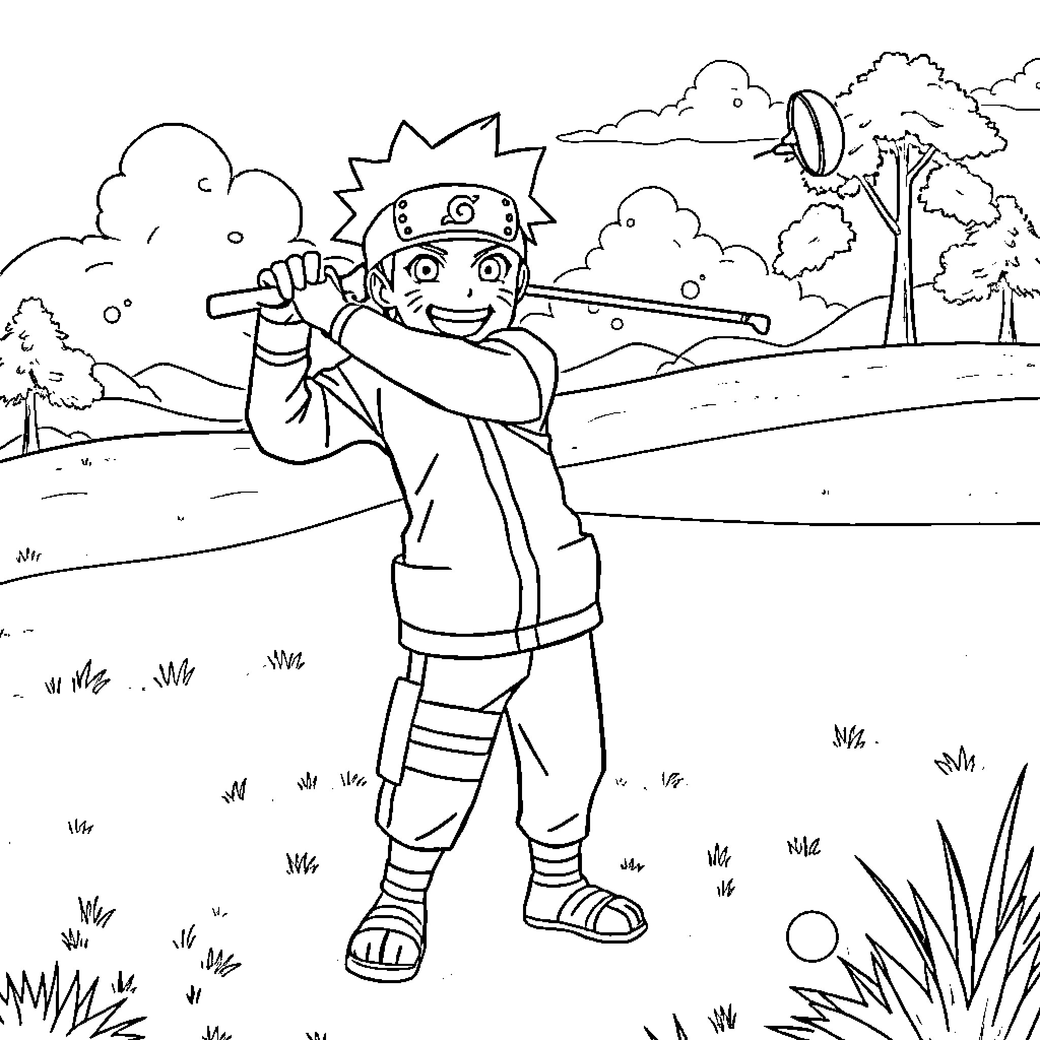Naruto Training with Determination in the Countryside Coloring Page (free black-and-white line drawing printable PDF for all, from beginners to advanced learners, including children, teens, adults, and seniors)