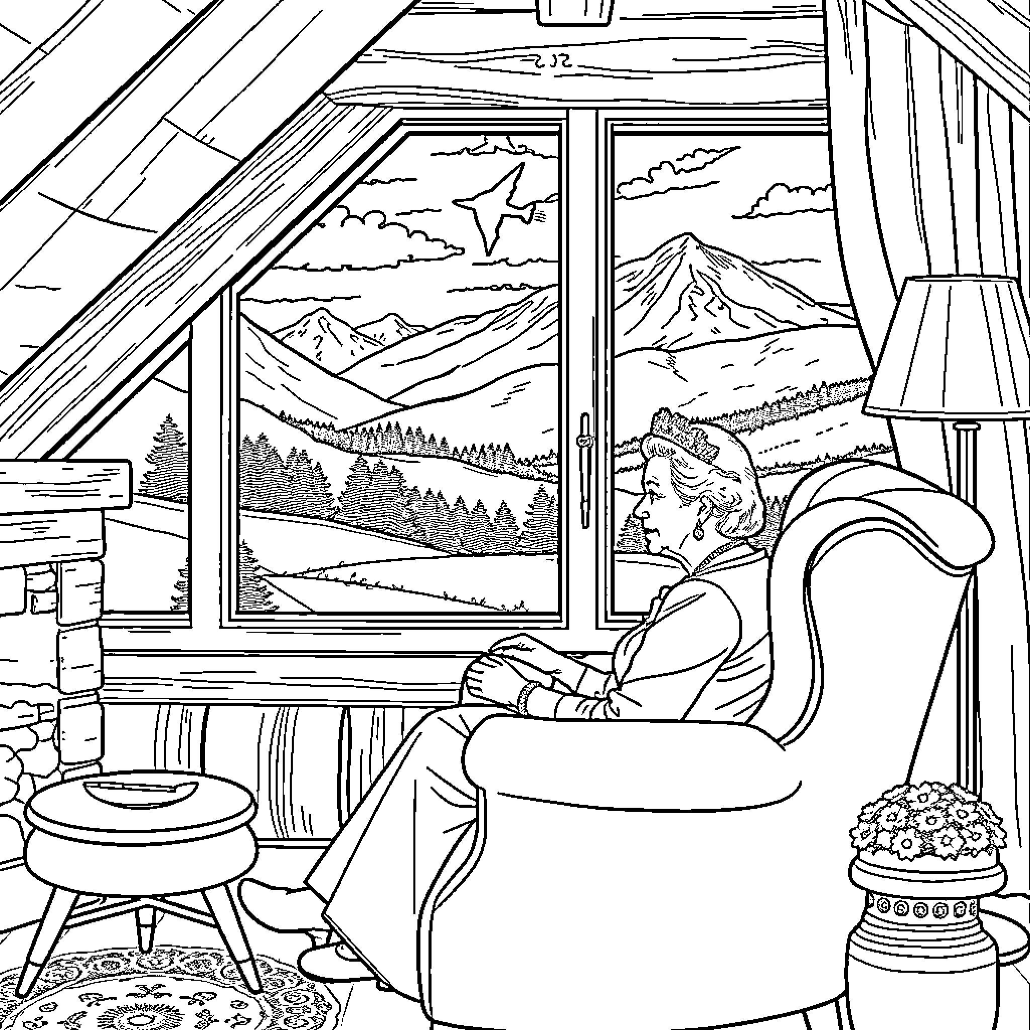 Queen Enjoying the Mountain Scenery Coloring Page (free black-and-white line drawing printable PDF for all, from beginners to advanced learners, including children, teens, adults, and seniors)