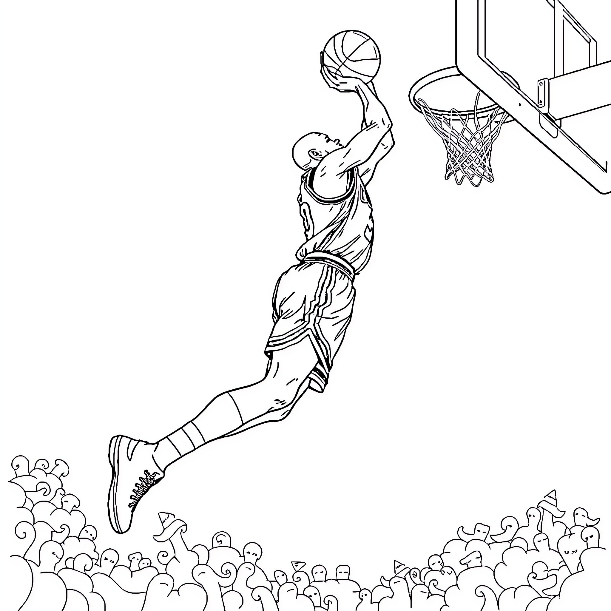 Michael Jordan's Iconic Slam Dunk in Front of Cheering Crowd Coloring Page (free black-and-white line drawing printable PDF for all, from beginners to advanced learners, including children, teens, adults, and seniors)
