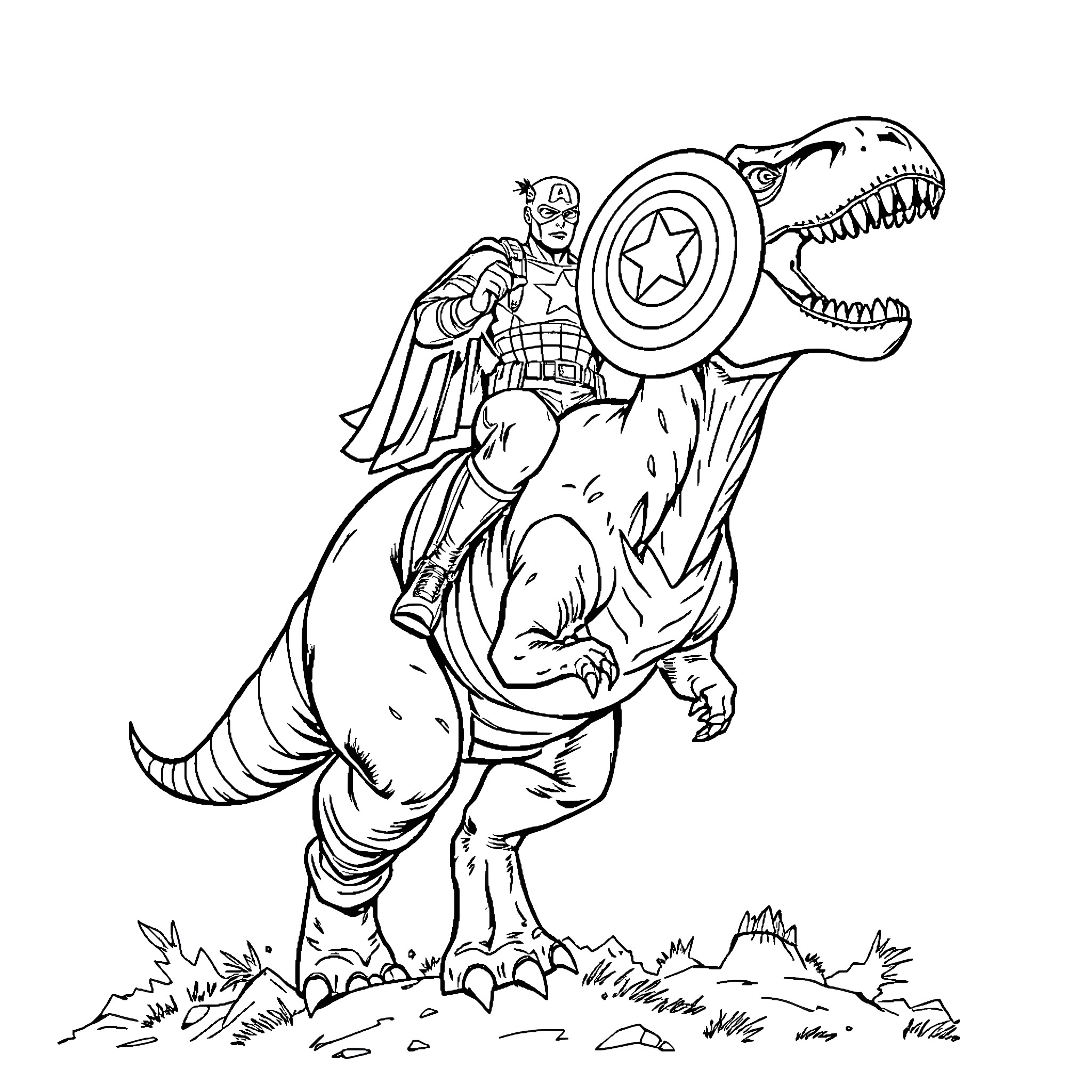 Captain America battles a ferocious dinosaur Coloring Page (free black-and-white line drawing printable PDF for all, from beginners to advanced learners, including children, teens, adults, and seniors)