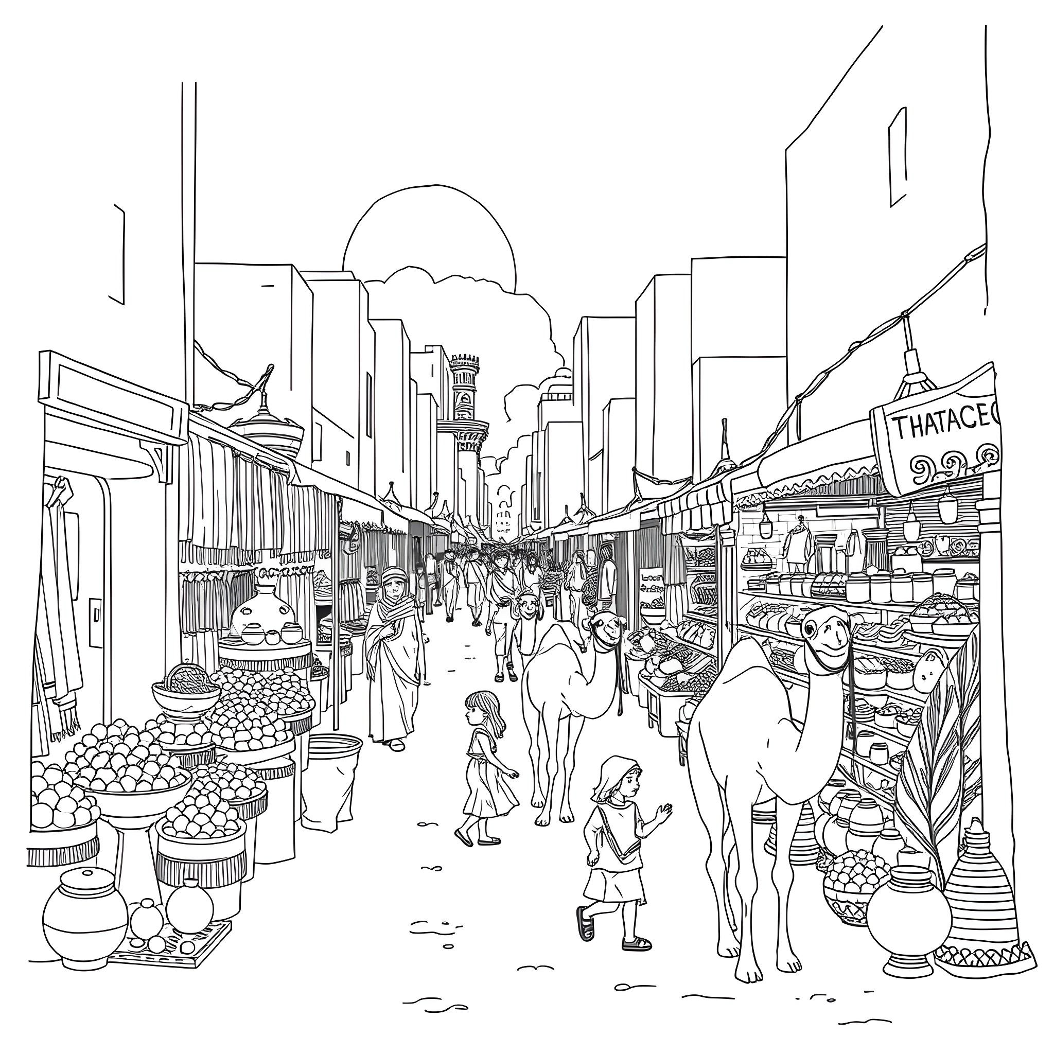 Market scene with bustling crowds and diverse shops Coloring Page (free black-and-white line drawing printable PDF for all, from beginners to advanced learners, including children, teens, adults, and seniors)