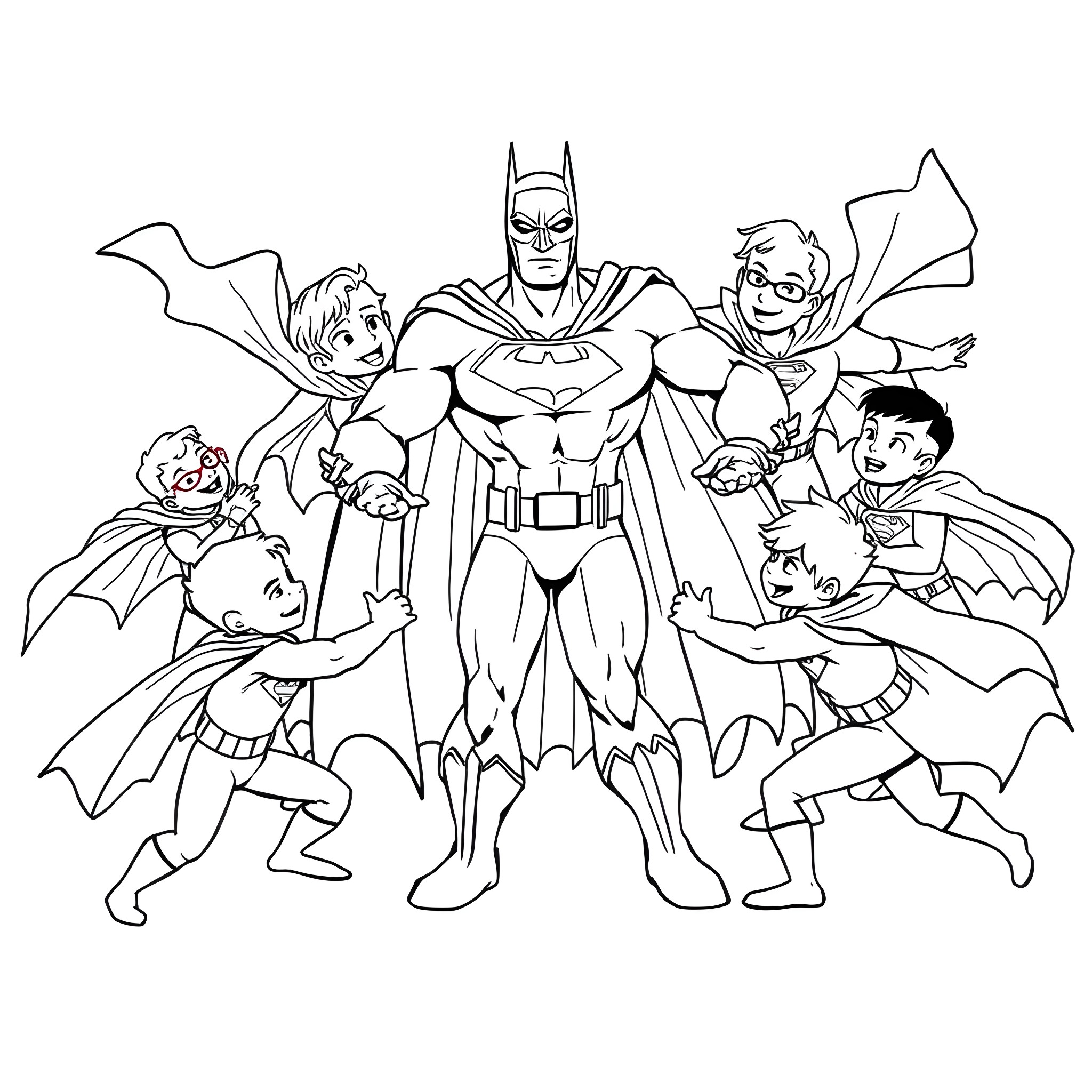 Superman and friends in action poses Coloring Page (free black-and-white line drawing printable PDF for all, from beginners to advanced learners, including children, teens, adults, and seniors)