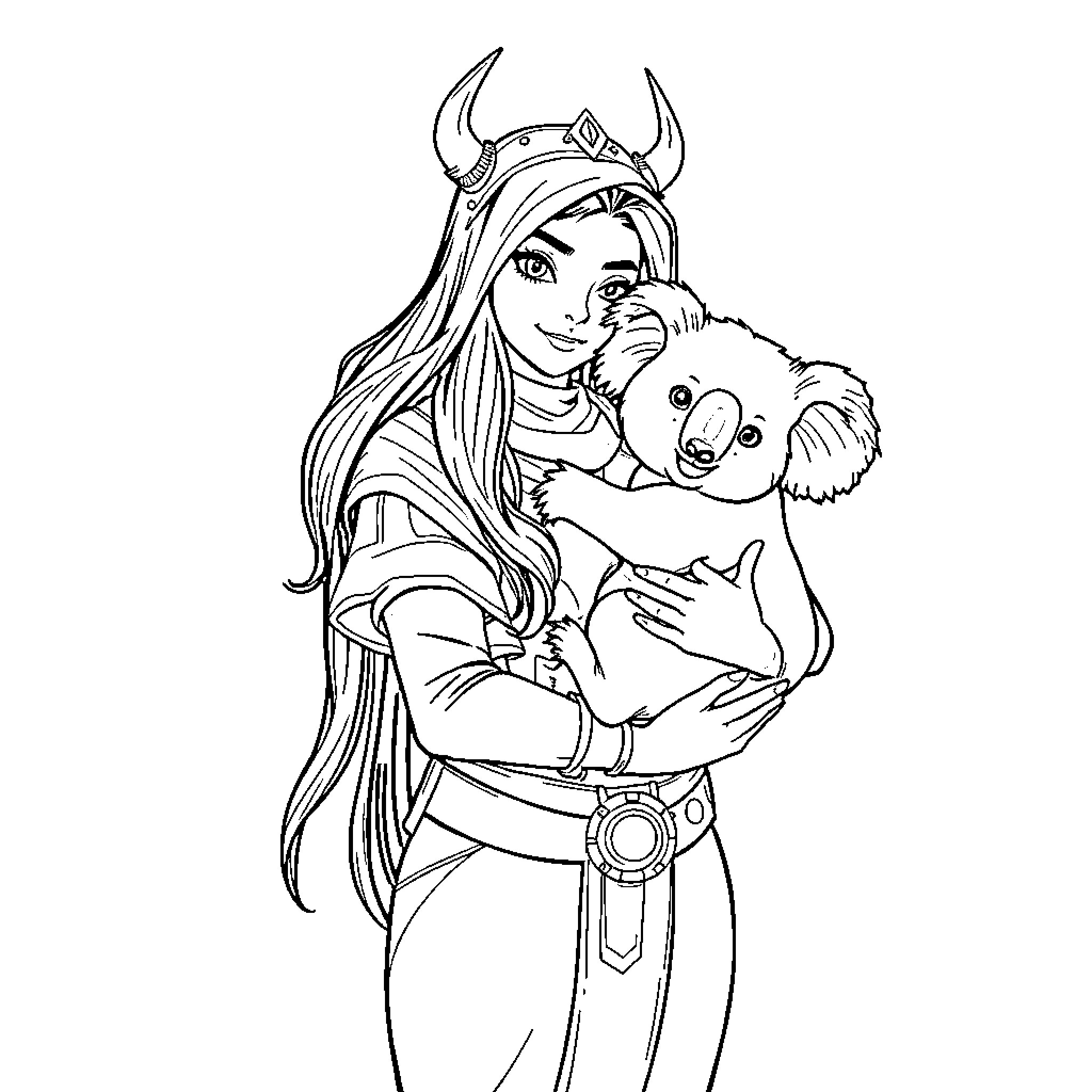 Rumi's tender embrace with a lovable companion Coloring Page (free black-and-white line drawing printable PDF for all, from beginners to advanced learners, including children, teens, adults, and seniors)