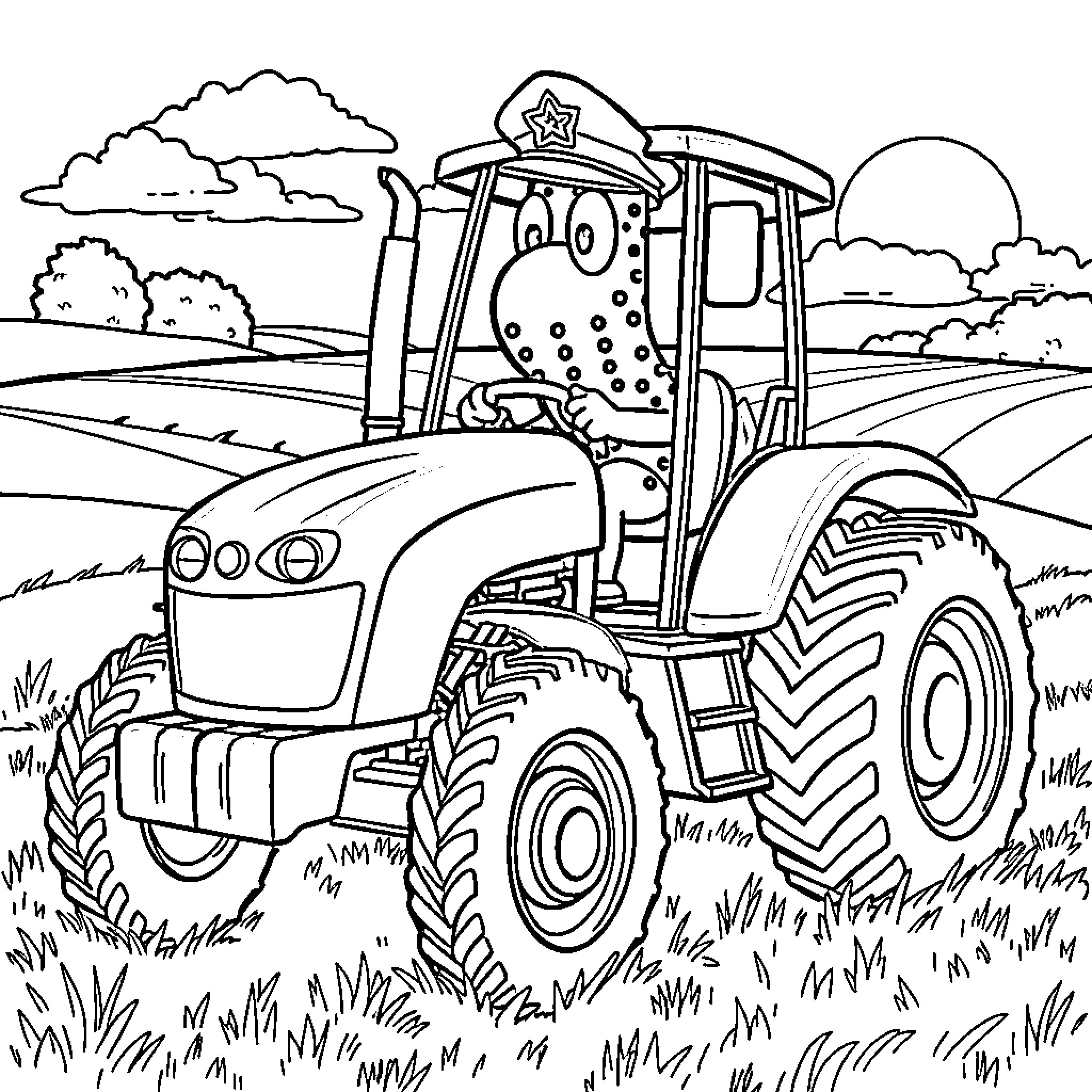 Captain Barnacles Driving a Friendly Tractor on the Farm Coloring Page (free black-and-white line drawing printable PDF for all, from beginners to advanced learners, including children, teens, adults, and seniors)