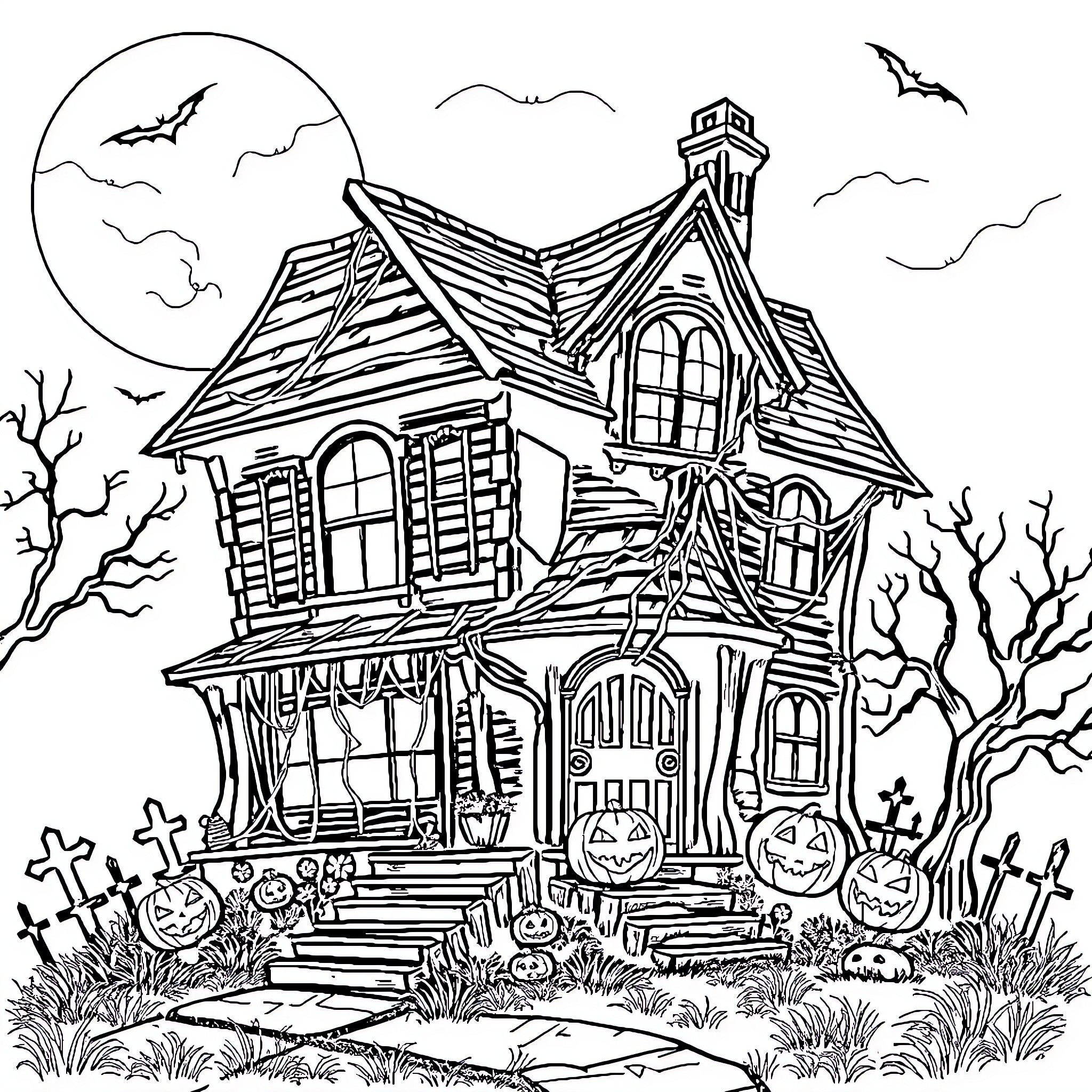 House on a Spooky Halloween Night Coloring Page (free black-and-white line drawing printable PDF for all, from beginners to advanced learners, including children, teens, adults, and seniors)