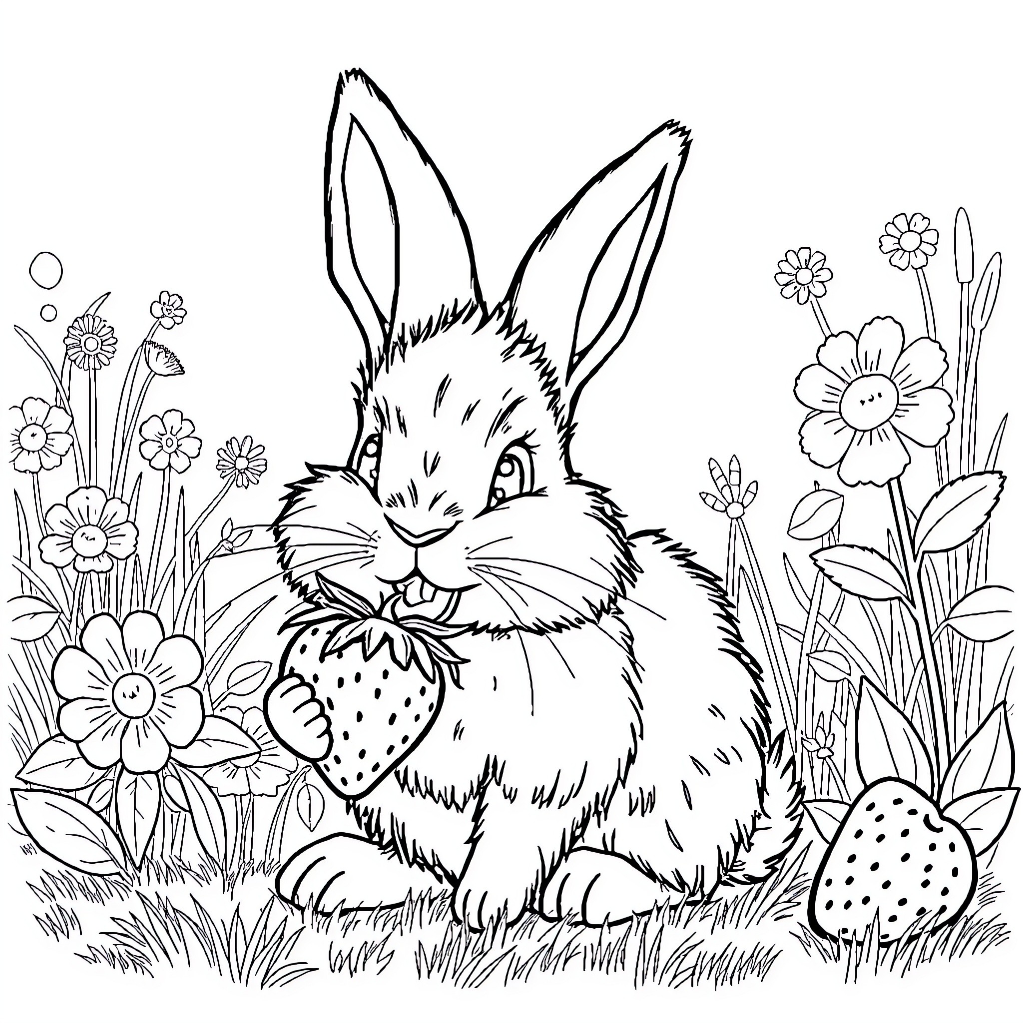 Strawberry Bunny Enjoying Flower Garden Coloring Page (free black-and-white line drawing printable PDF for all, from beginners to advanced learners, including children, teens, adults, and seniors)