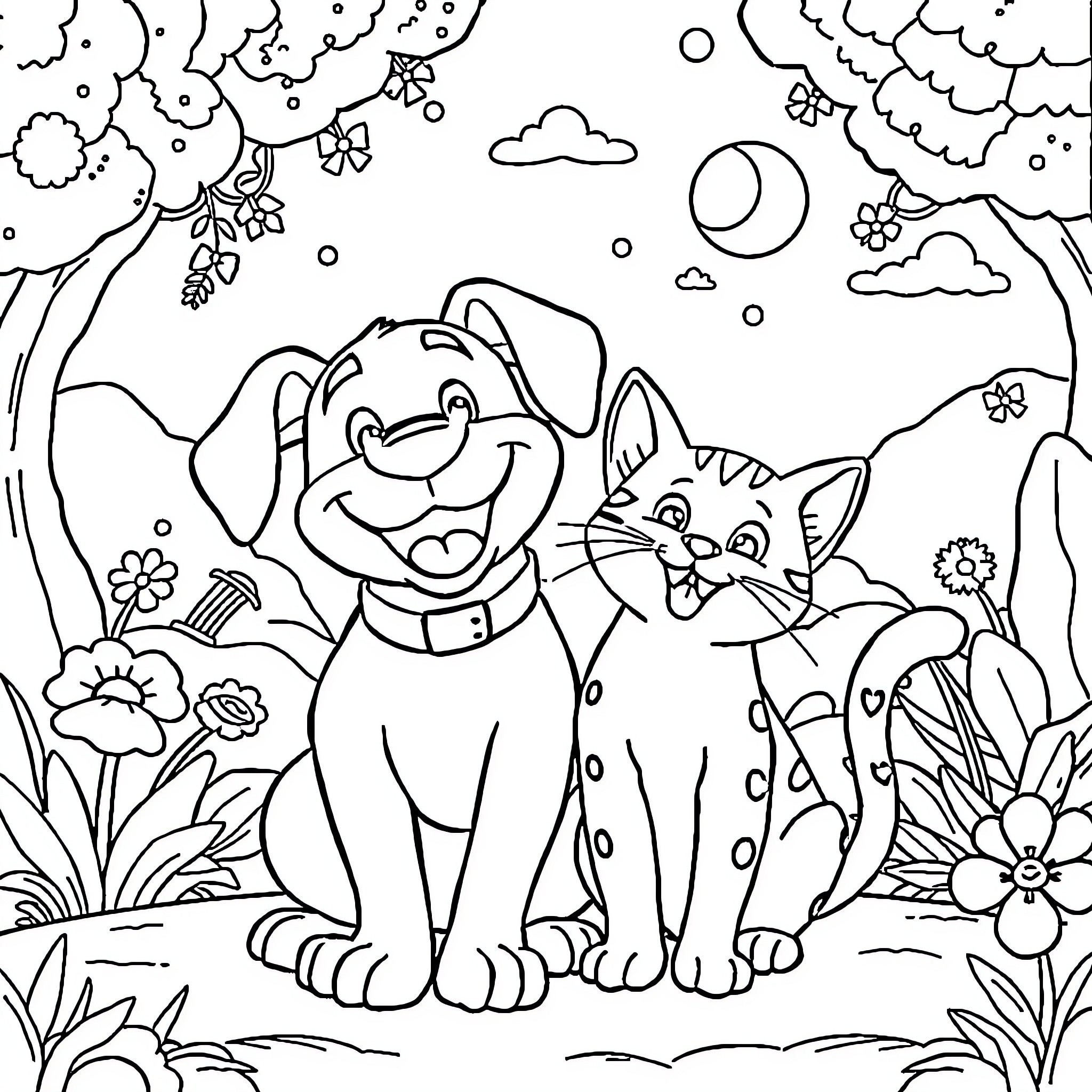 Dog and Cat Playing in a Floral Garden Coloring Page (free black-and-white line drawing printable PDF for all, from beginners to advanced learners, including children, teens, adults, and seniors)