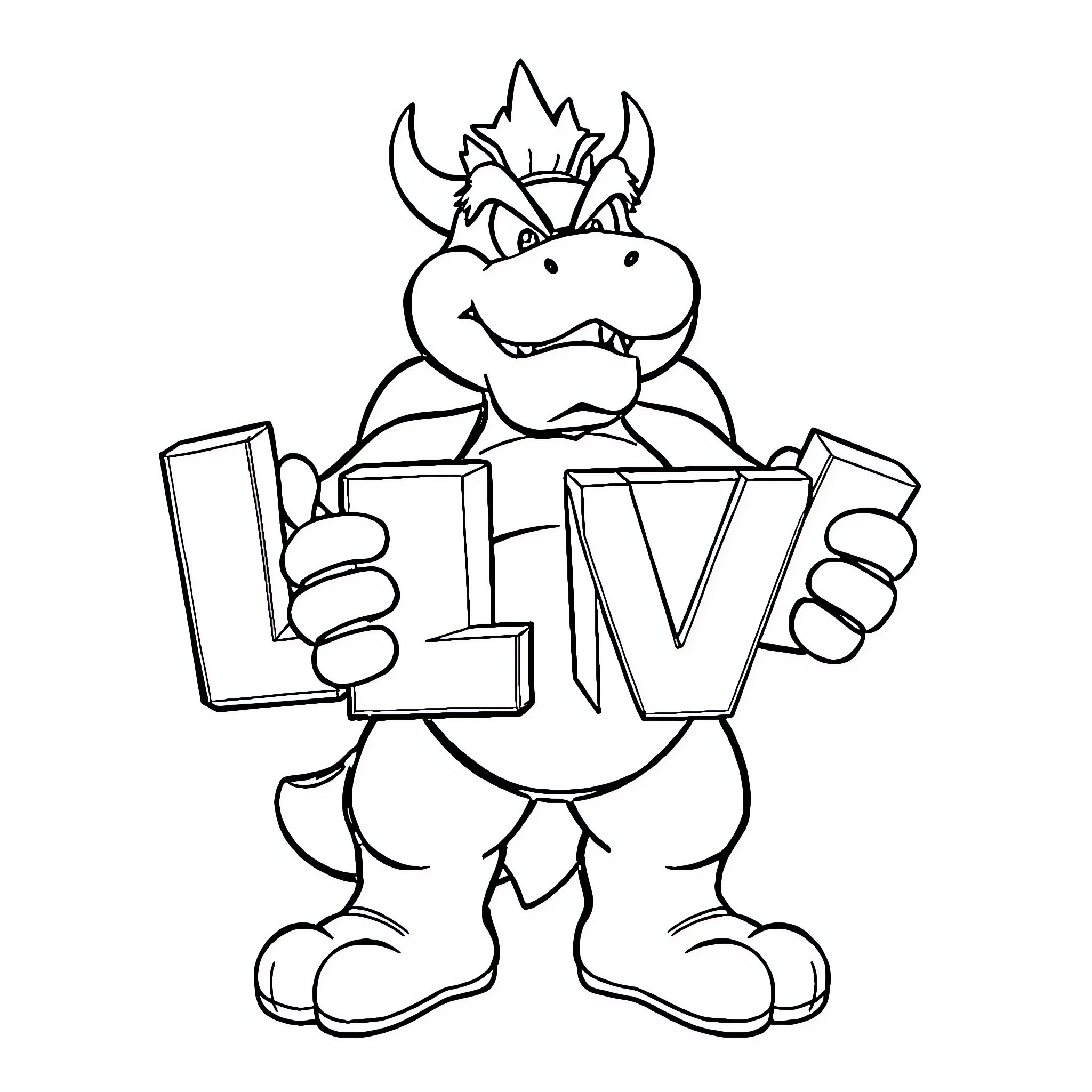 Bowser Jr. Holding 'Live' Sign Coloring Page (free black-and-white line drawing printable PDF for all, from beginners to advanced learners, including children, teens, adults, and seniors)