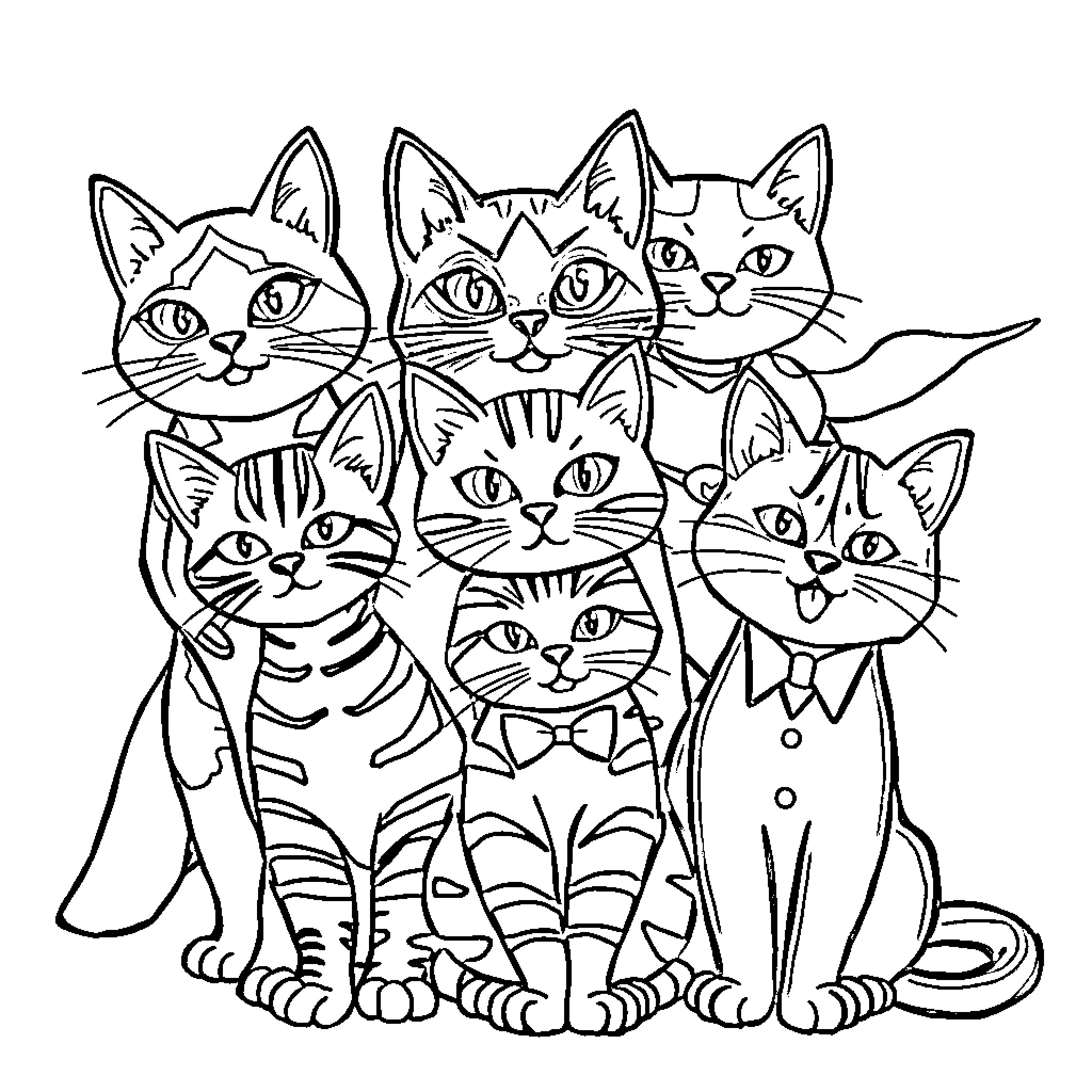 Cats in Amusing Poses Coloring Page (free black-and-white line drawing printable PDF for all, from beginners to advanced learners, including children, teens, adults, and seniors)