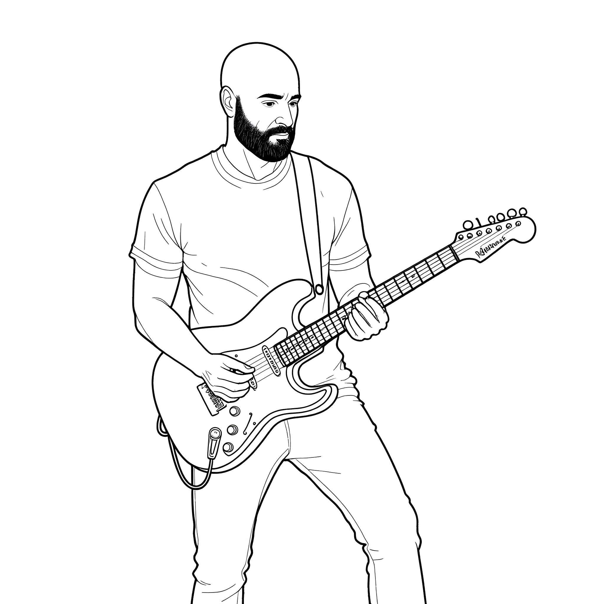 Man playing electric guitar on stage Coloring Page (free black-and-white line drawing printable PDF for all, from beginners to advanced learners, including children, teens, adults, and seniors)