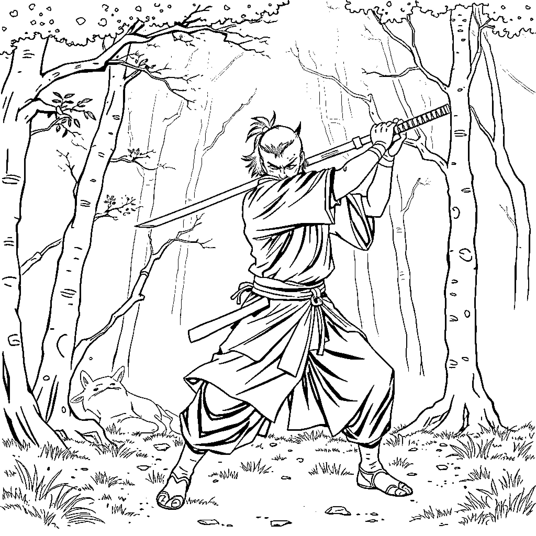 Tanjiro's Fierce Warrior Stance in the Enchanted Forest Coloring Page (free black-and-white line drawing printable PDF for all, from beginners to advanced learners, including children, teens, adults, and seniors)