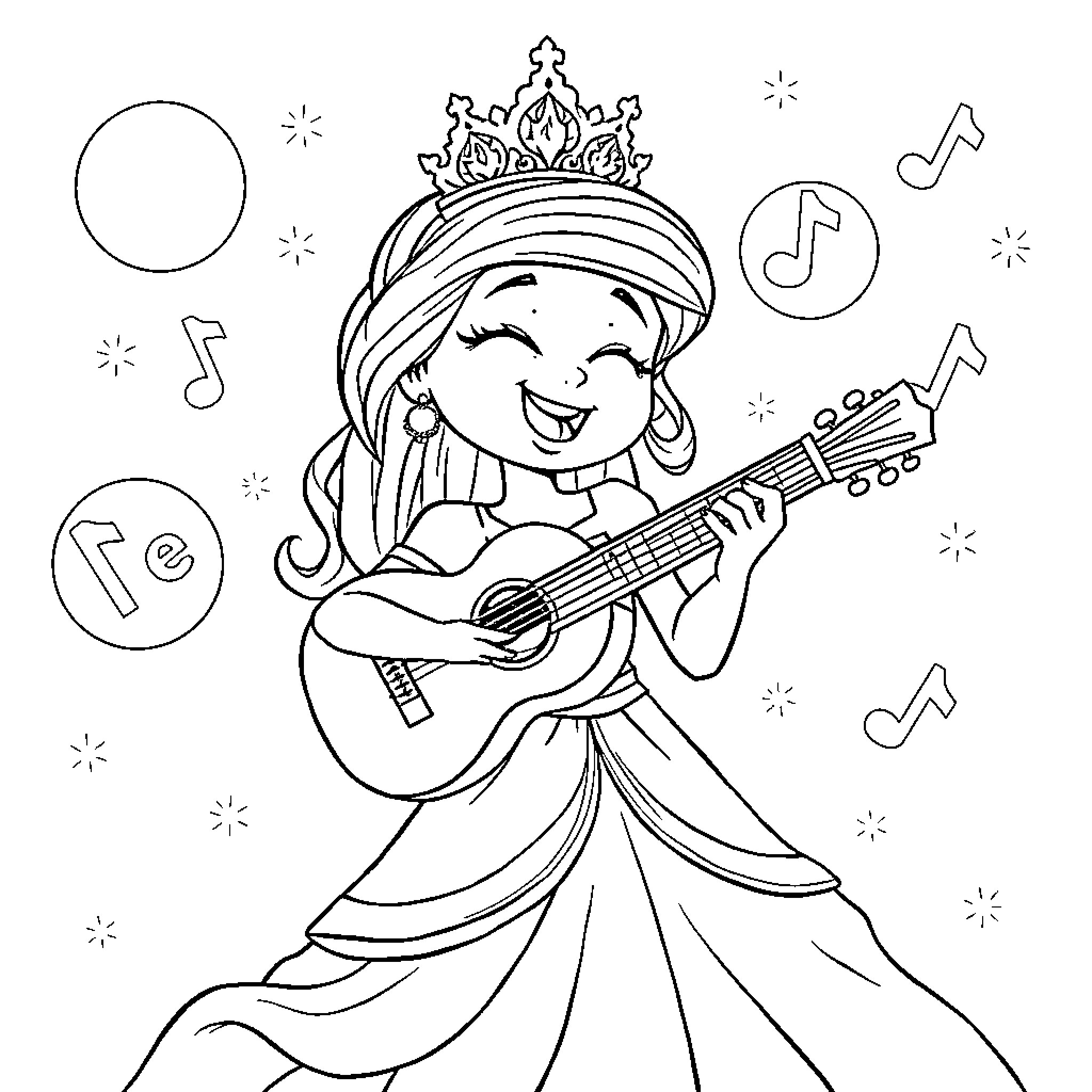 Princesa playing guitar and singing happily Coloring Page (free black-and-white line drawing printable PDF for all, from beginners to advanced learners, including children, teens, adults, and seniors)