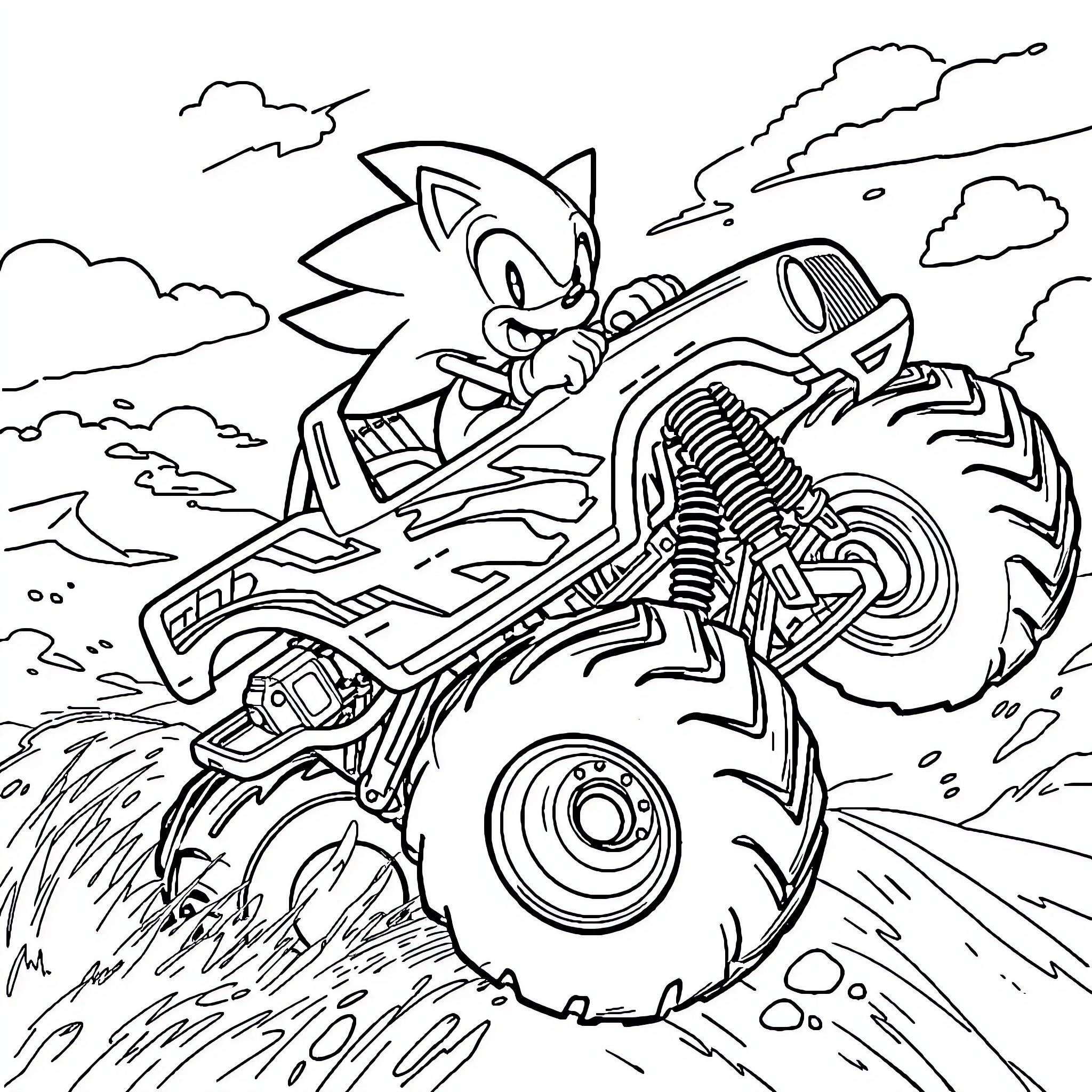 Sonic's Thrilling Monster Truck Adventure Coloring Page (free black-and-white line drawing printable PDF for all, from beginners to advanced learners, including children, teens, adults, and seniors)