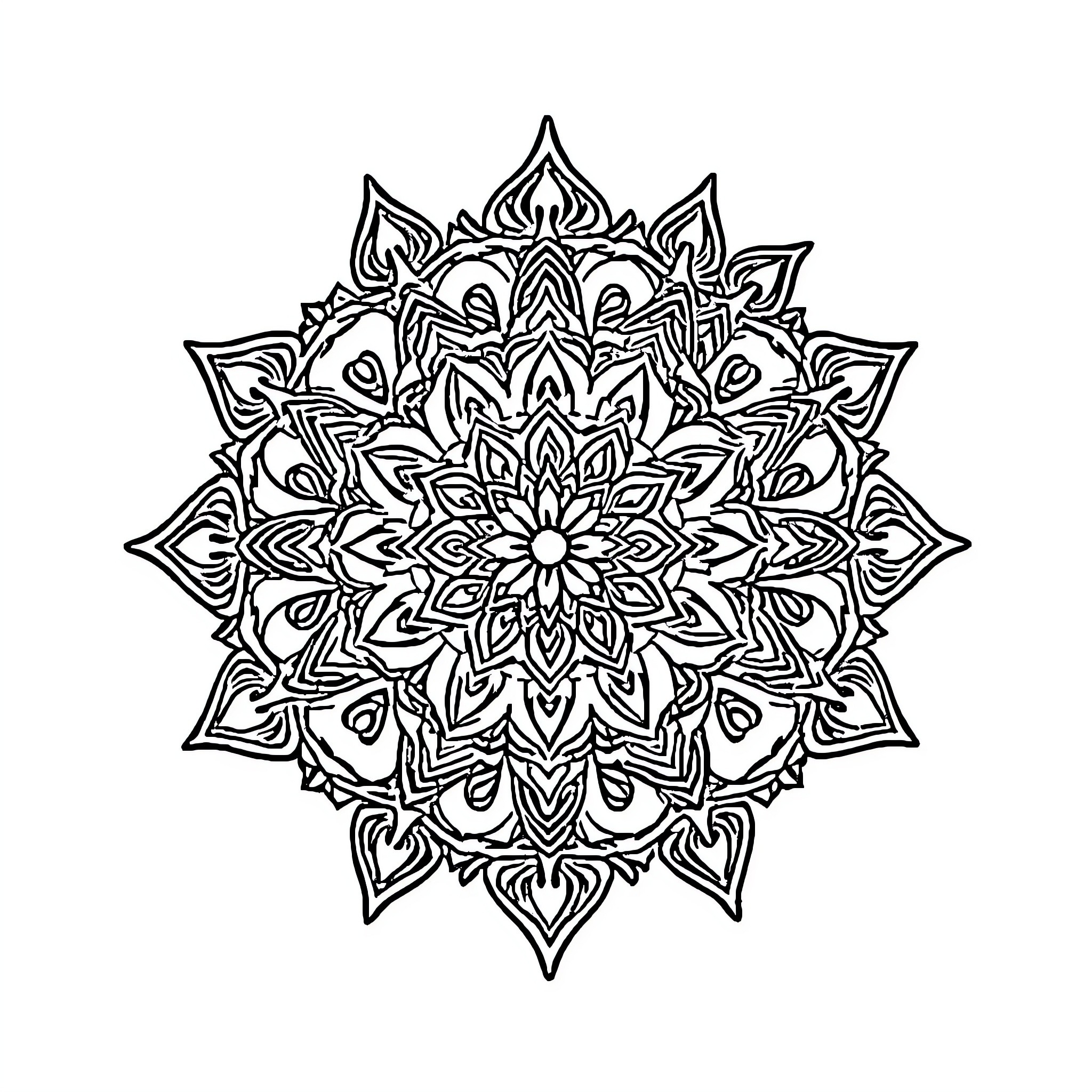 Mandala of intricate floral patterns Coloring Page (free black-and-white line drawing printable PDF for all, from beginners to advanced learners, including children, teens, adults, and seniors)