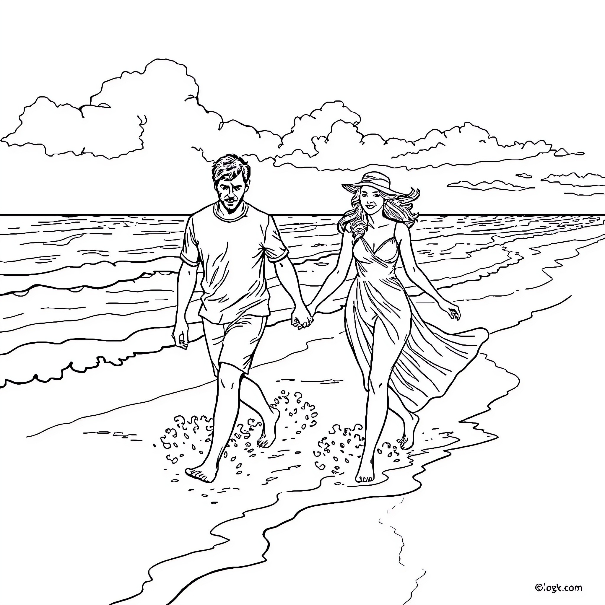 Homme and Woman Walking Together on the Beach Coloring Page (free black-and-white line drawing printable PDF for all, from beginners to advanced learners, including children, teens, adults, and seniors)