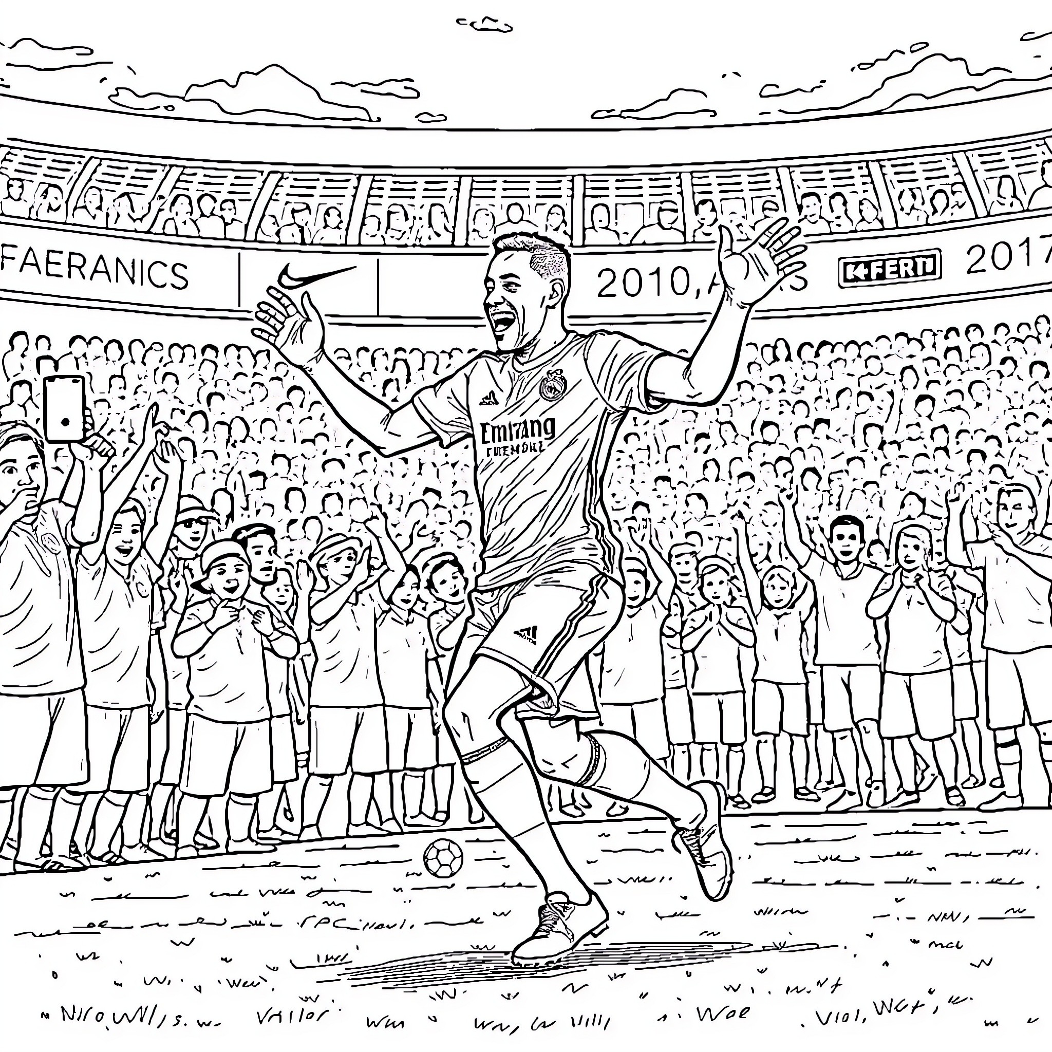 Mbape Celebrating Victory in Soccer Stadium Coloring Page (free black-and-white line drawing printable PDF for all, from beginners to advanced learners, including children, teens, adults, and seniors)