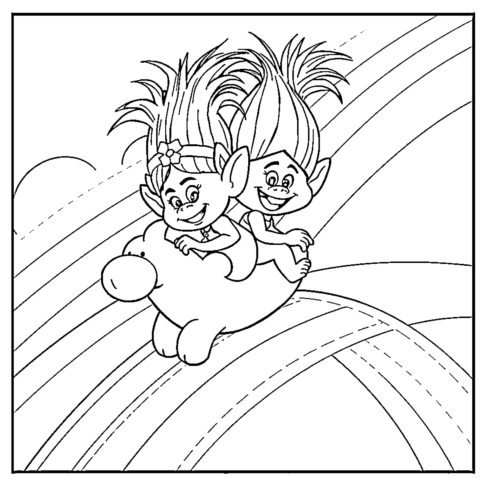 Troll characters in playful adventure Coloring Page (free black-and-white line drawing printable PDF for all, from beginners to advanced learners, including children, teens, adults, and seniors)