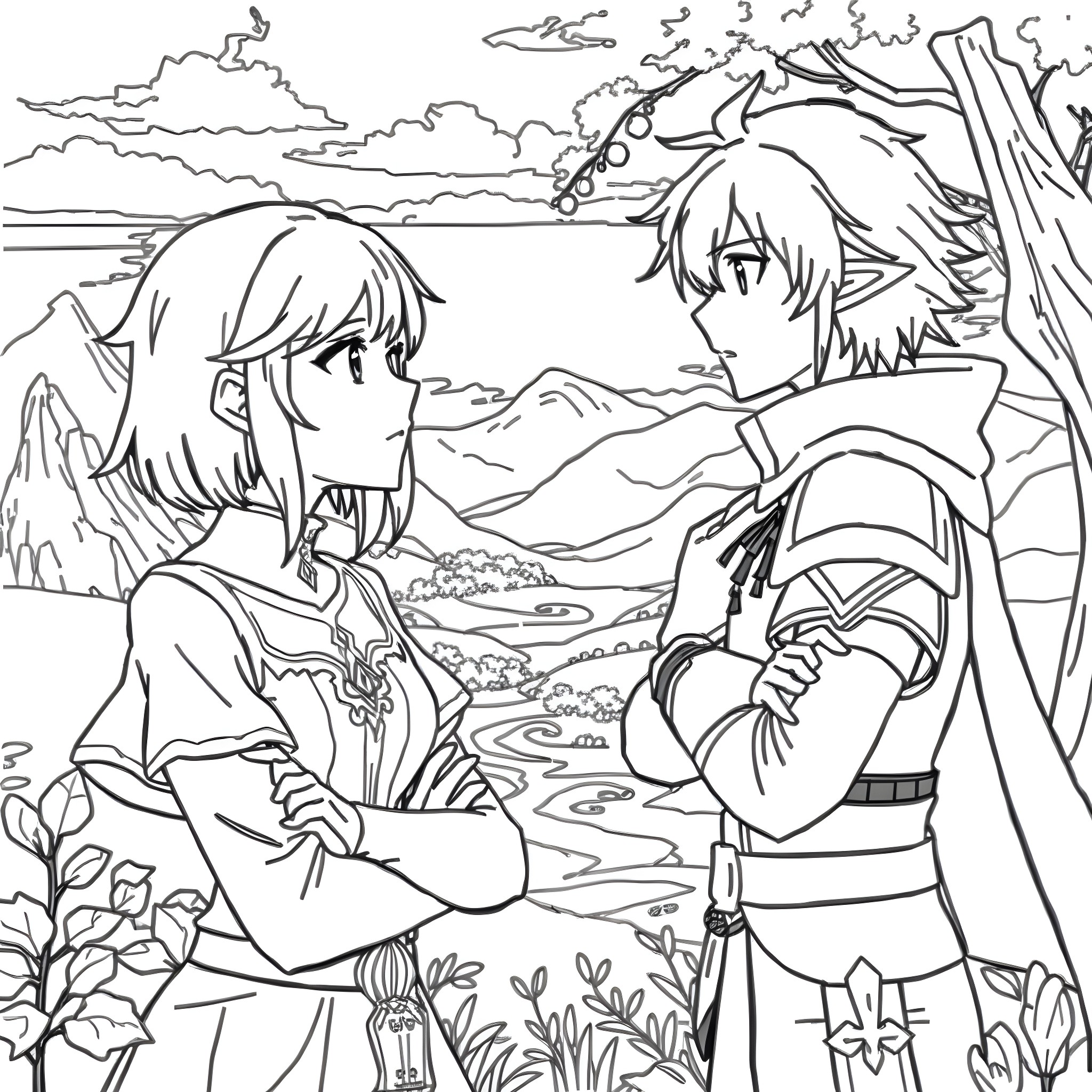 Byleth and companion overlooking scenic landscape Coloring Page (free black-and-white line drawing printable PDF for all, from beginners to advanced learners, including children, teens, adults, and seniors)