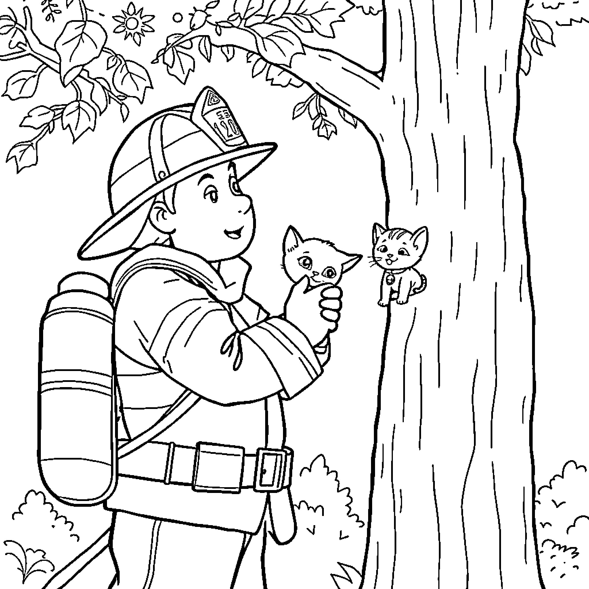 Firefighter exploring the forest with kittens Coloring Page (free black-and-white line drawing printable PDF for all, from beginners to advanced learners, including children, teens, adults, and seniors)