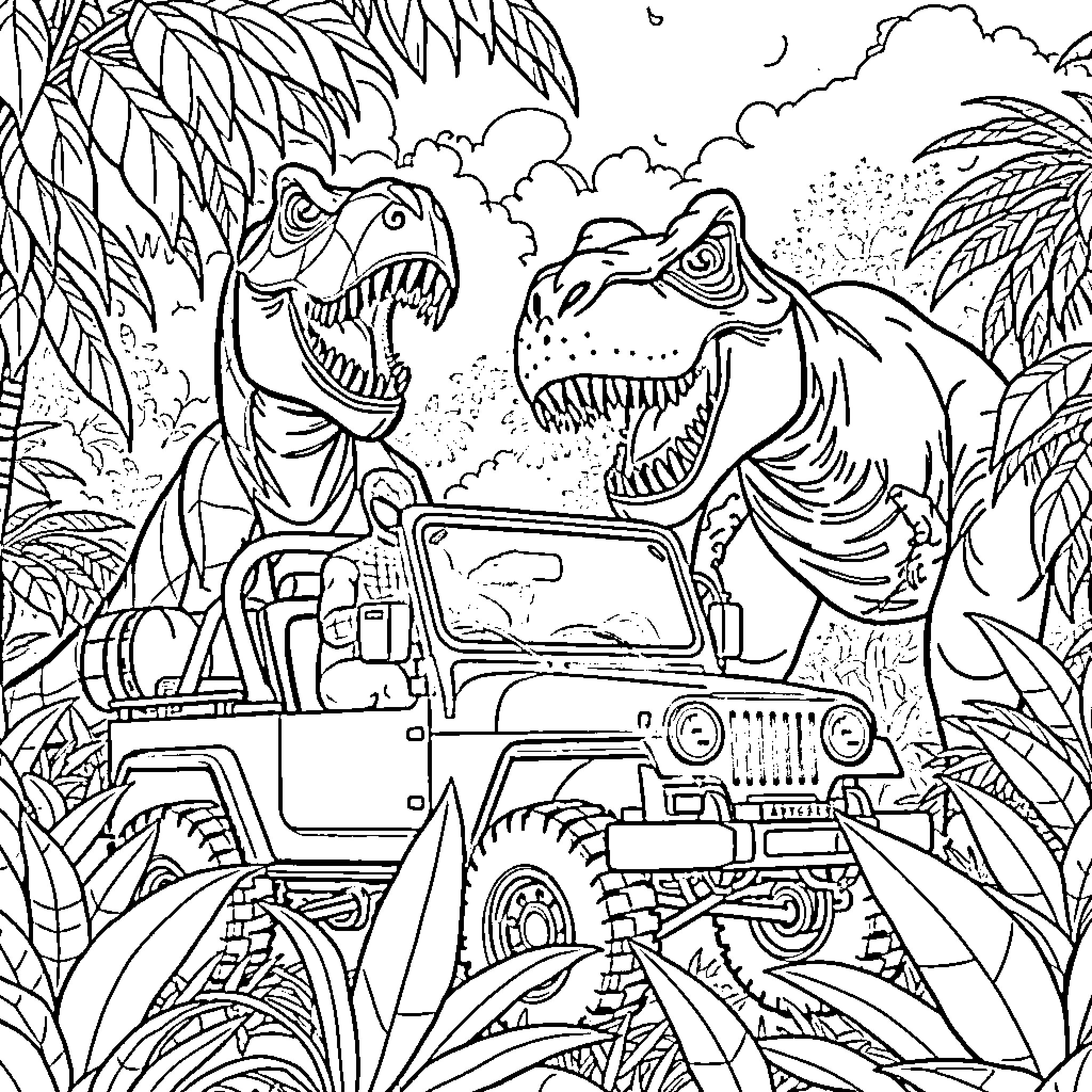 Spiderman battles Jurassic-era Tyrannosaurus Rexes in jungle adventure Coloring Page (free black-and-white line drawing printable PDF for all, from beginners to advanced learners, including children, teens, adults, and seniors)
