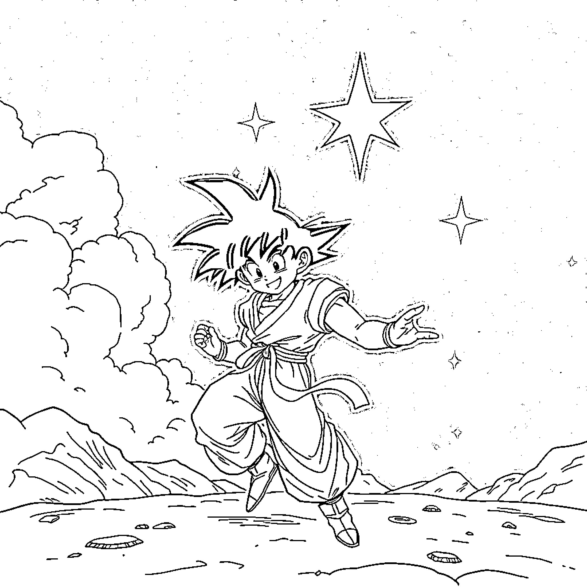 Son Goku posing joyfully under a starry sky Coloring Page (free black-and-white line drawing printable PDF for all, from beginners to advanced learners, including children, teens, adults, and seniors)