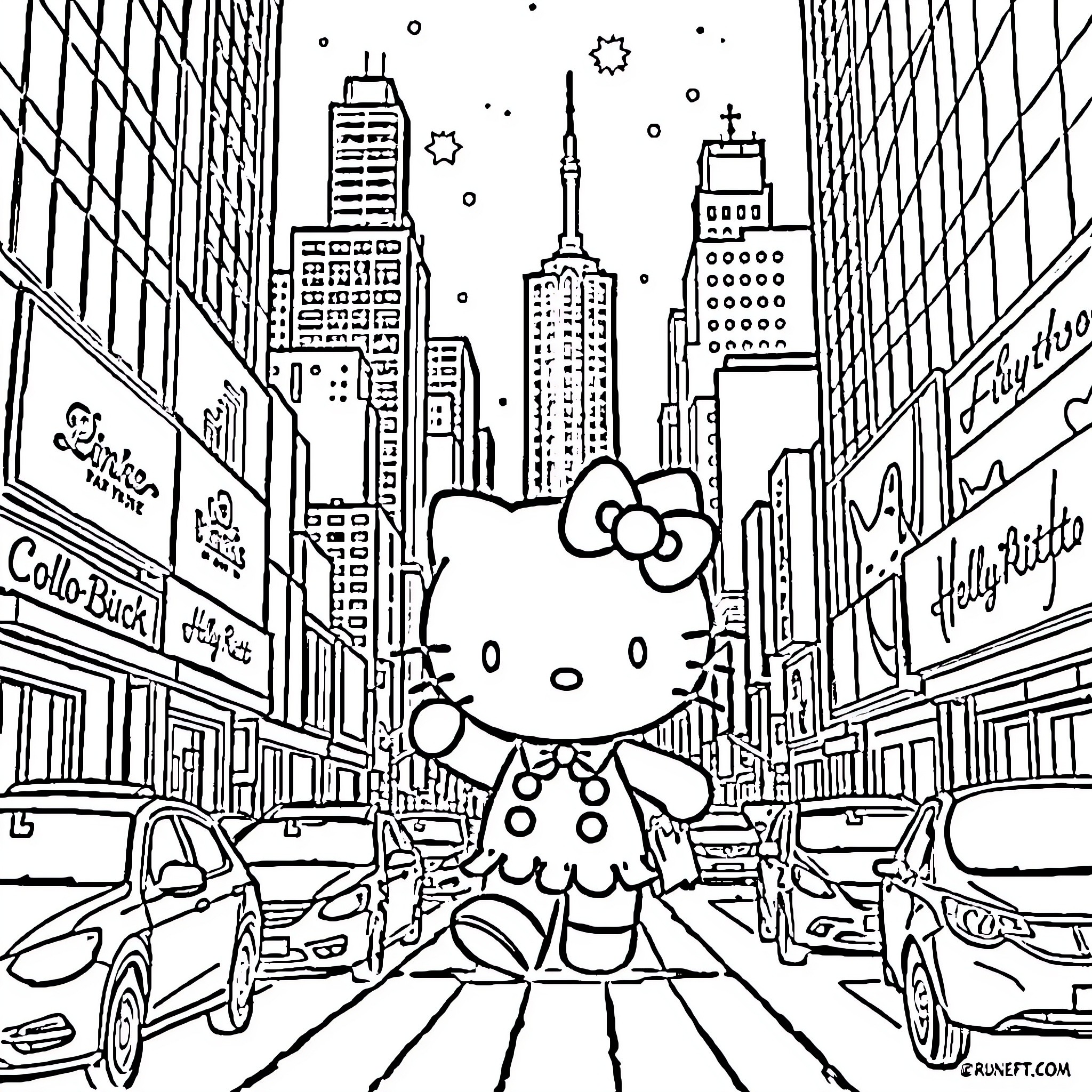 Hello Kitty exploring the bustling city streets Coloring Page (free black-and-white line drawing printable PDF for all, from beginners to advanced learners, including children, teens, adults, and seniors)