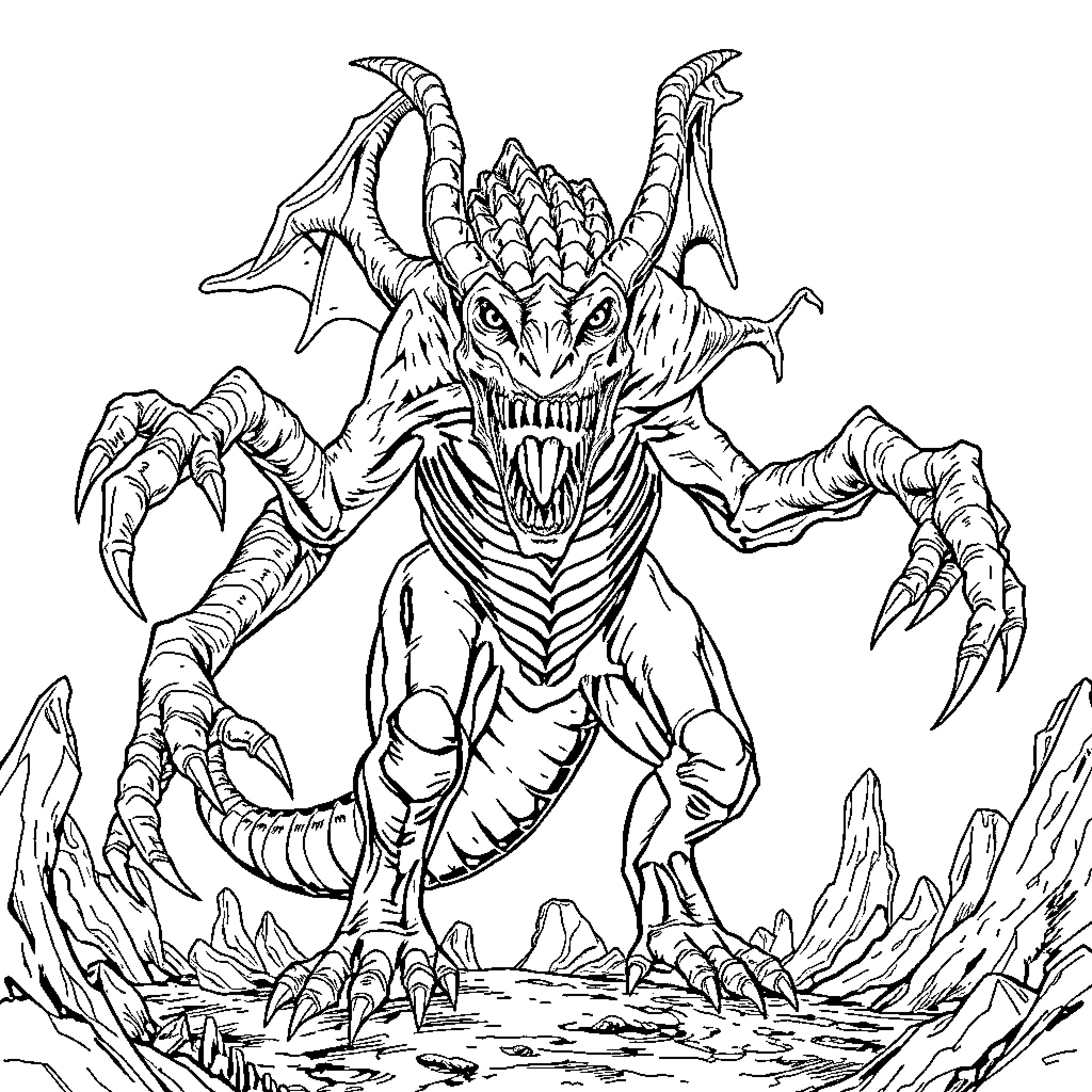 Demogorgon - Fearsome Otherworldly Creature Emerging Coloring Page (free black-and-white line drawing printable PDF for all, from beginners to advanced learners, including children, teens, adults, and seniors)