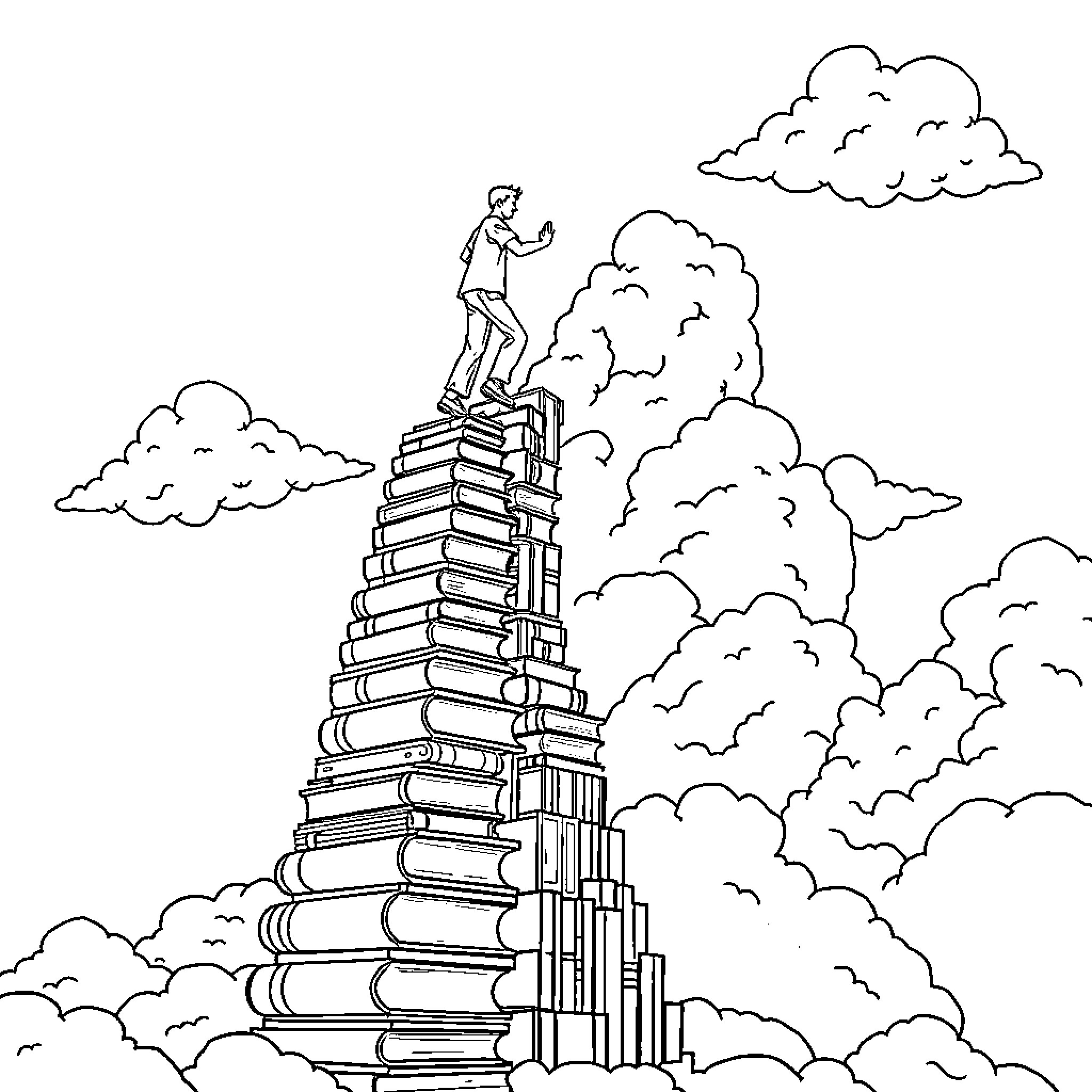 Person standing atop a towering stack of books in the clouds Coloring Page (free black-and-white line drawing printable PDF for all, from beginners to advanced learners, including children, teens, adults, and seniors)