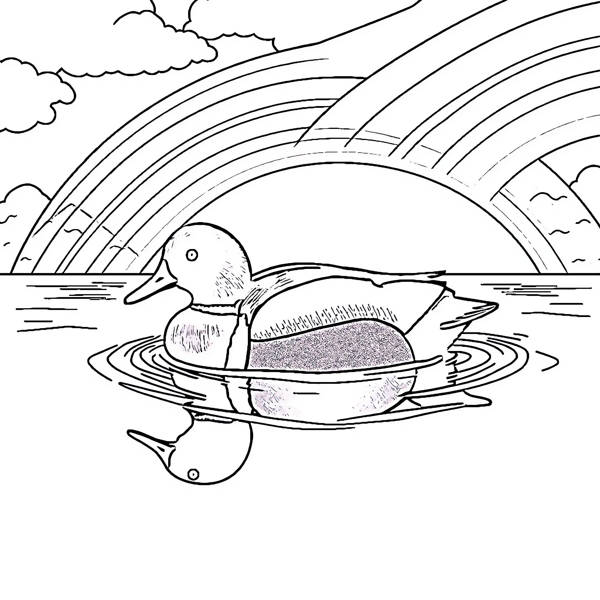Duck swimming in a pond with a rainbow Coloring Page (free black-and-white line drawing printable PDF for all, from beginners to advanced learners, including children, teens, adults, and seniors)