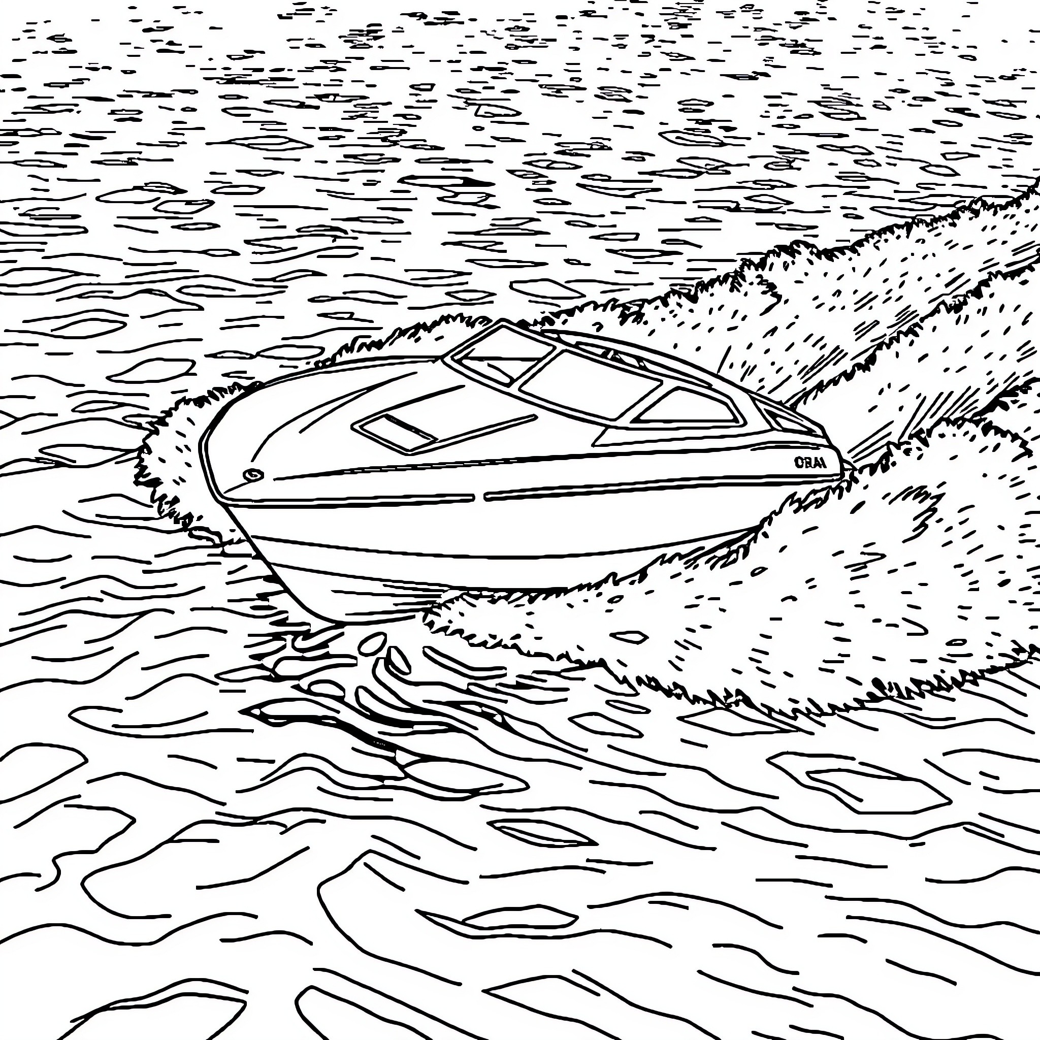 Speedboat speeding across the water Coloring Page (free black-and-white line drawing printable PDF for all, from beginners to advanced learners, including children, teens, adults, and seniors)