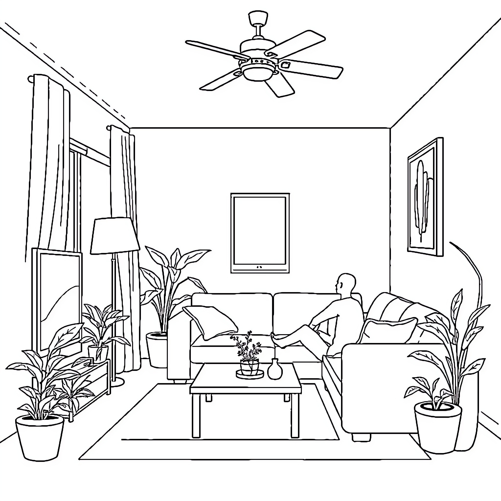 Living Room with Relaxing Occupant Coloring Page (free black-and-white line drawing printable PDF for all, from beginners to advanced learners, including children, teens, adults, and seniors)