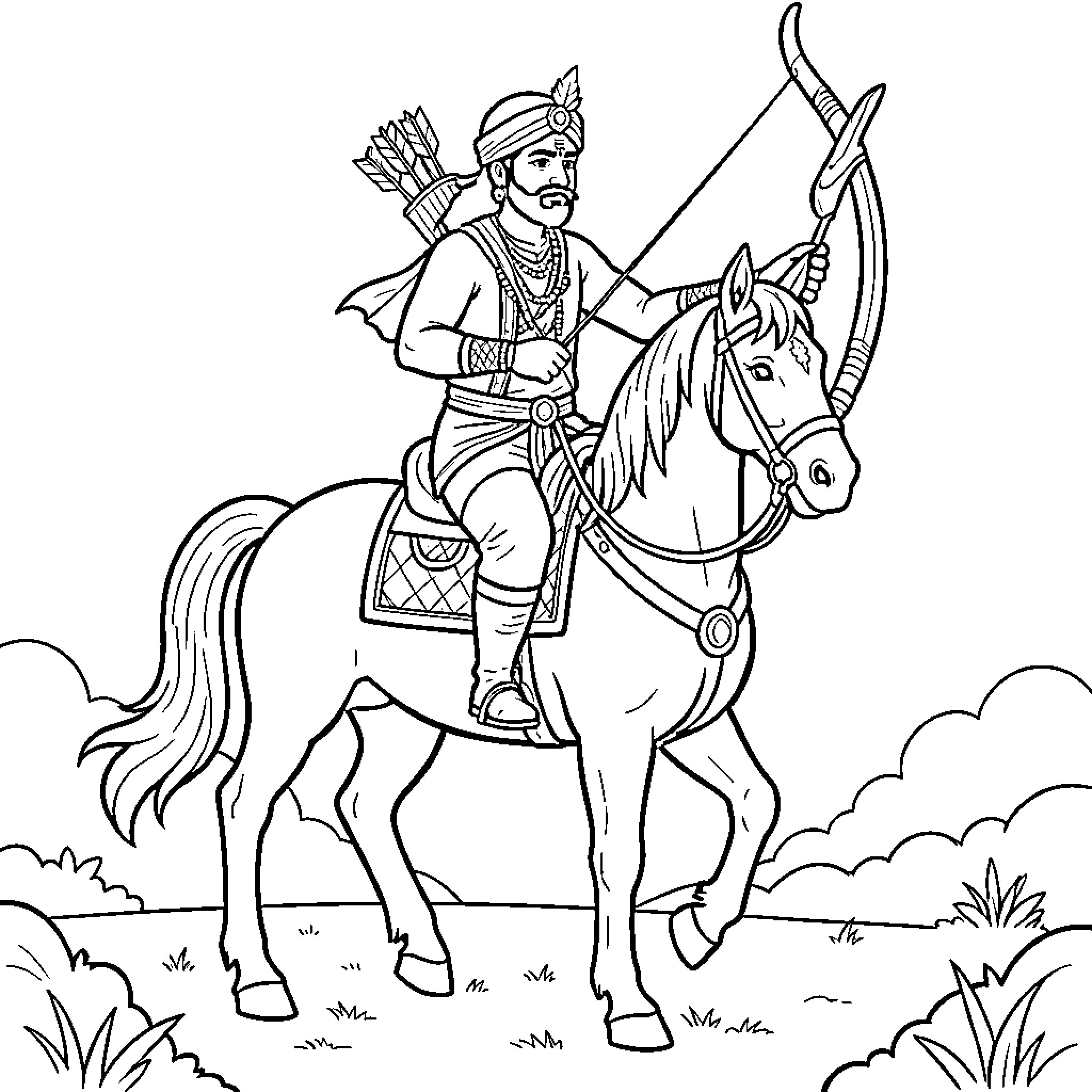 Chef warrior riding a horse while aiming a bow Coloring Page (free black-and-white line drawing printable PDF for all, from beginners to advanced learners, including children, teens, adults, and seniors)