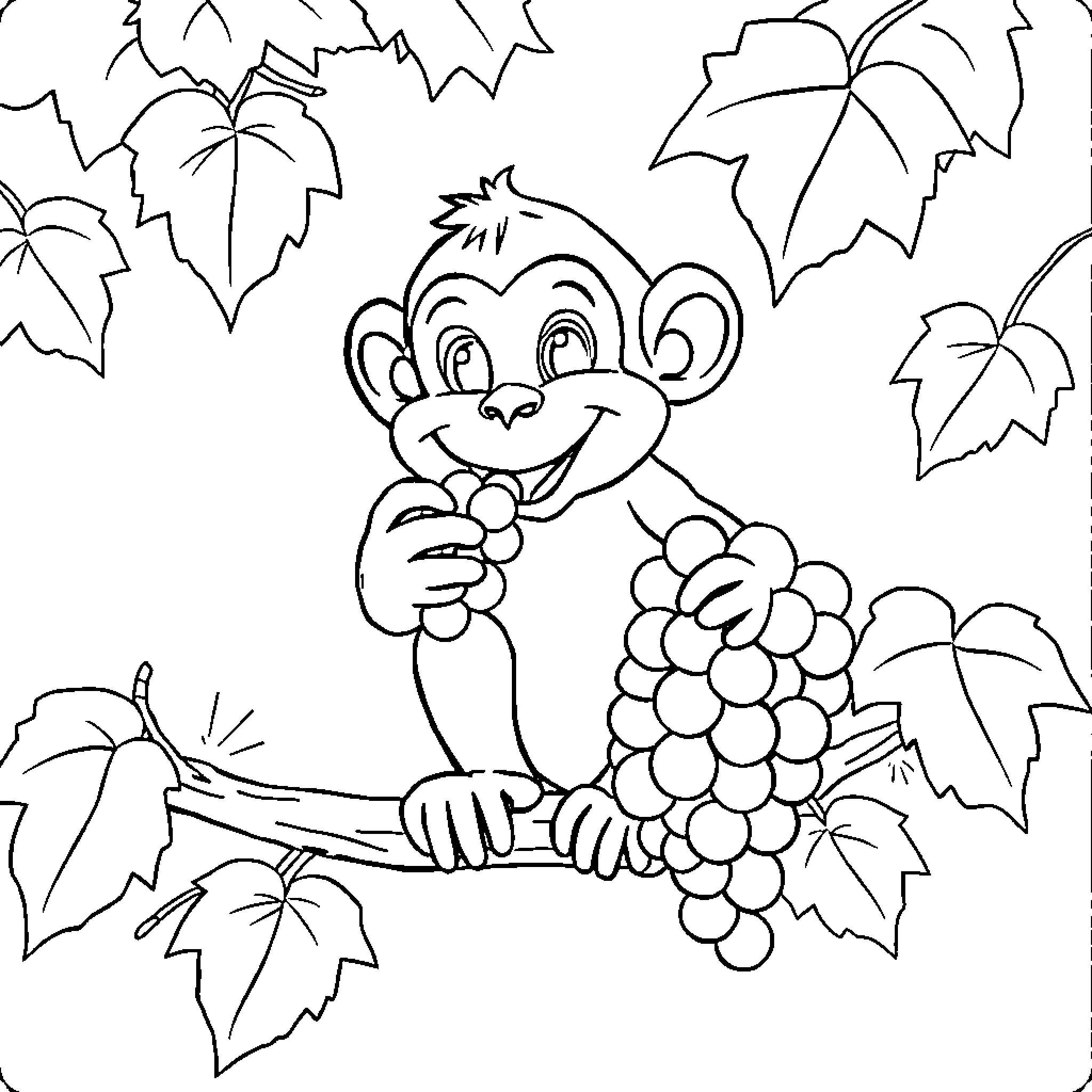 Monkey enjoying grapes in the leaves Coloring Page (free black-and-white line drawing printable PDF for all, from beginners to advanced learners, including children, teens, adults, and seniors)
