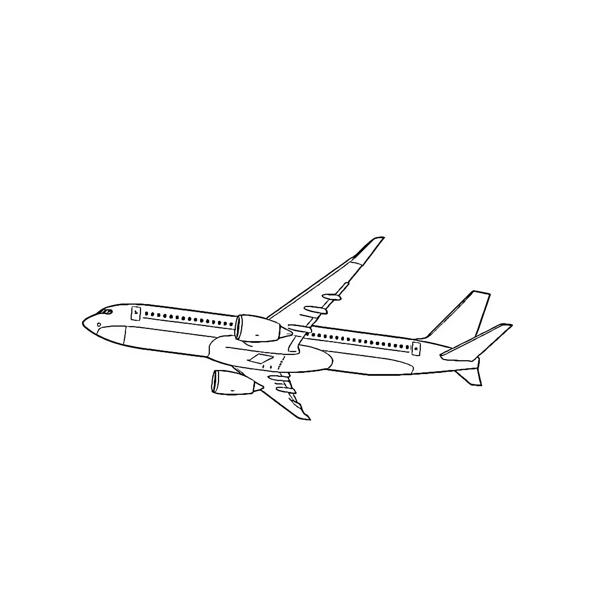 Flight of Commercial Airliner in the Sky Coloring Page (free black-and-white line drawing printable PDF for all, from beginners to advanced learners, including children, teens, adults, and seniors)