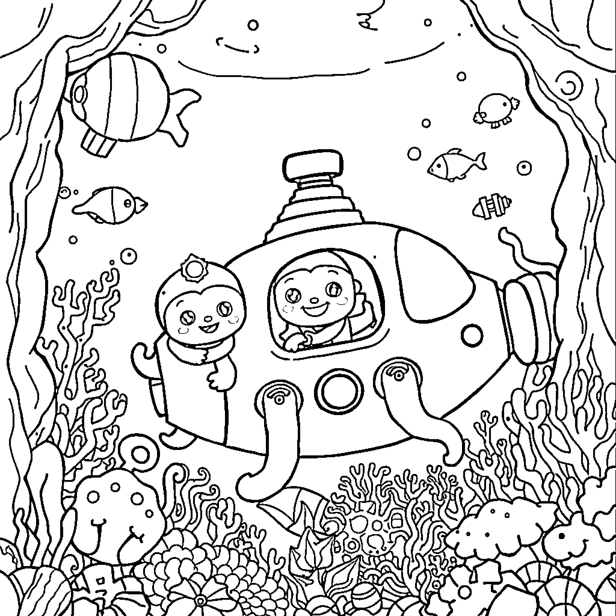 Octonauts exploring the underwater world Coloring Page (free black-and-white line drawing printable PDF for all, from beginners to advanced learners, including children, teens, adults, and seniors)