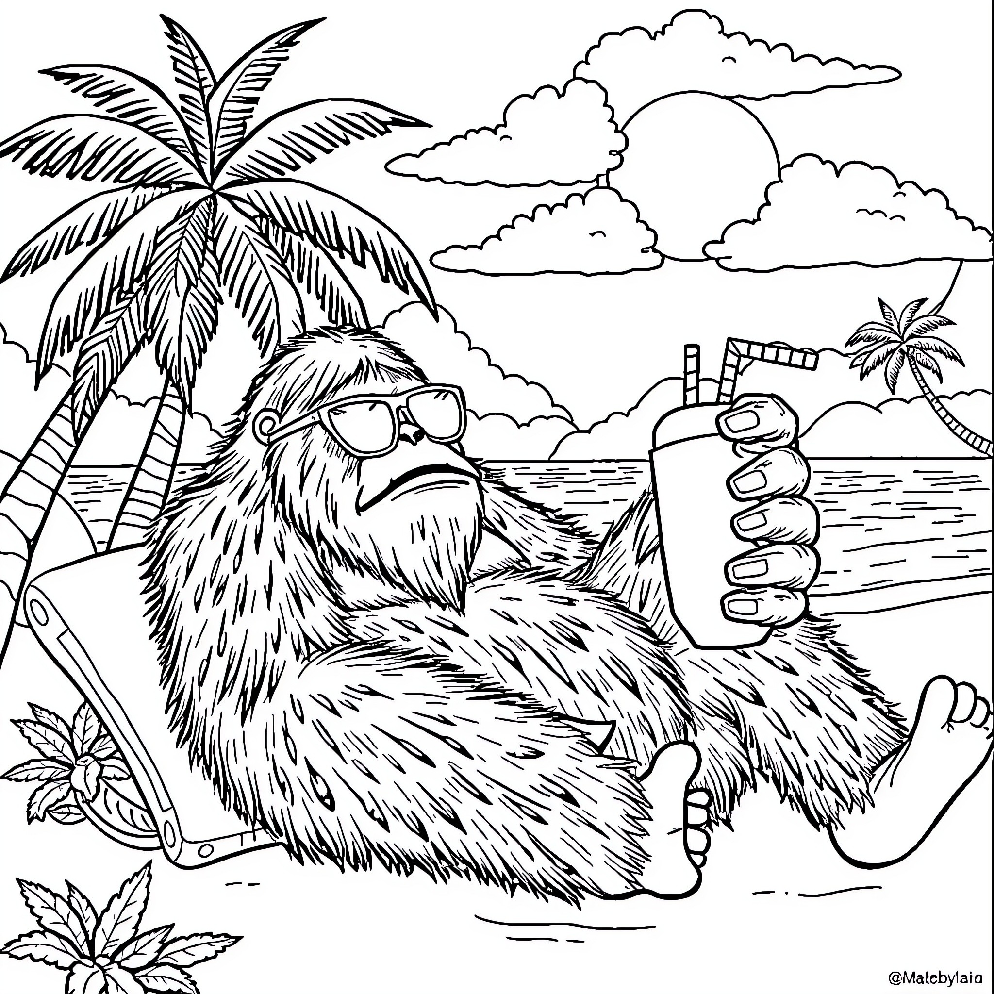 Bigfoot relaxing on the beach with tropical drinks Coloring Page (free black-and-white line drawing printable PDF for all, from beginners to advanced learners, including children, teens, adults, and seniors)
