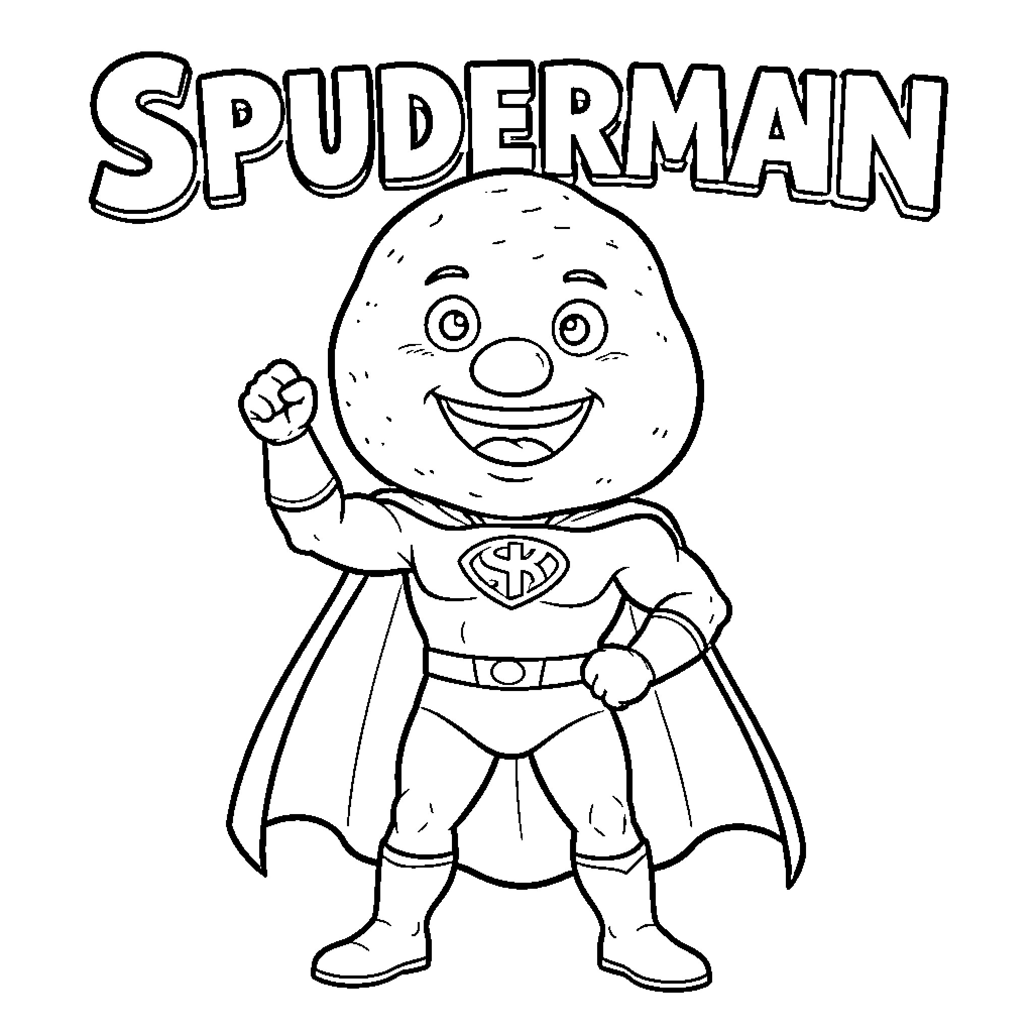 Spuderman the heroic potato character Coloring Page (free black-and-white line drawing printable PDF for all, from beginners to advanced learners, including children, teens, adults, and seniors)