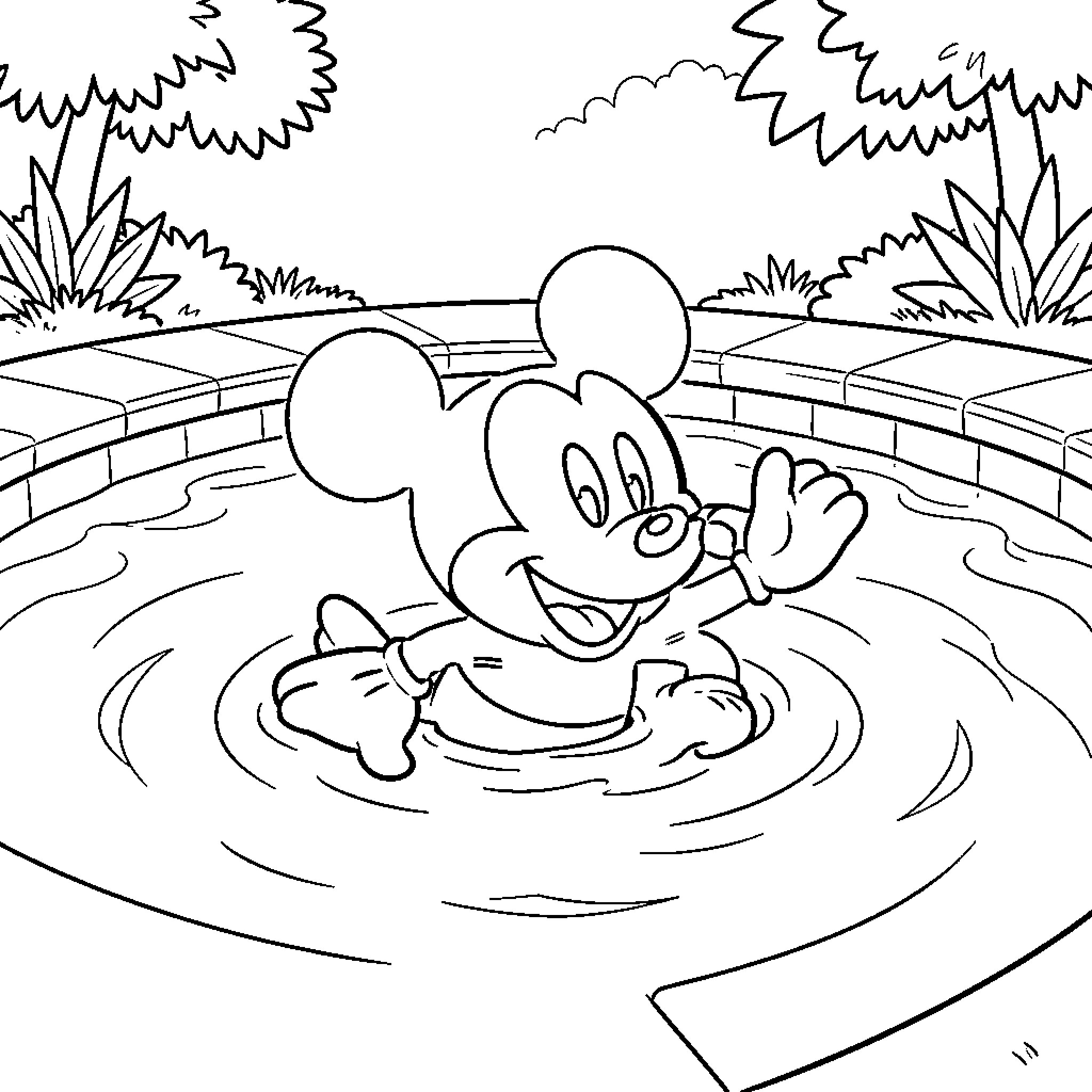 Mickey Mouse splashing happily in a circular pool Coloring Page (free black-and-white line drawing printable PDF for all, from beginners to advanced learners, including children, teens, adults, and seniors)