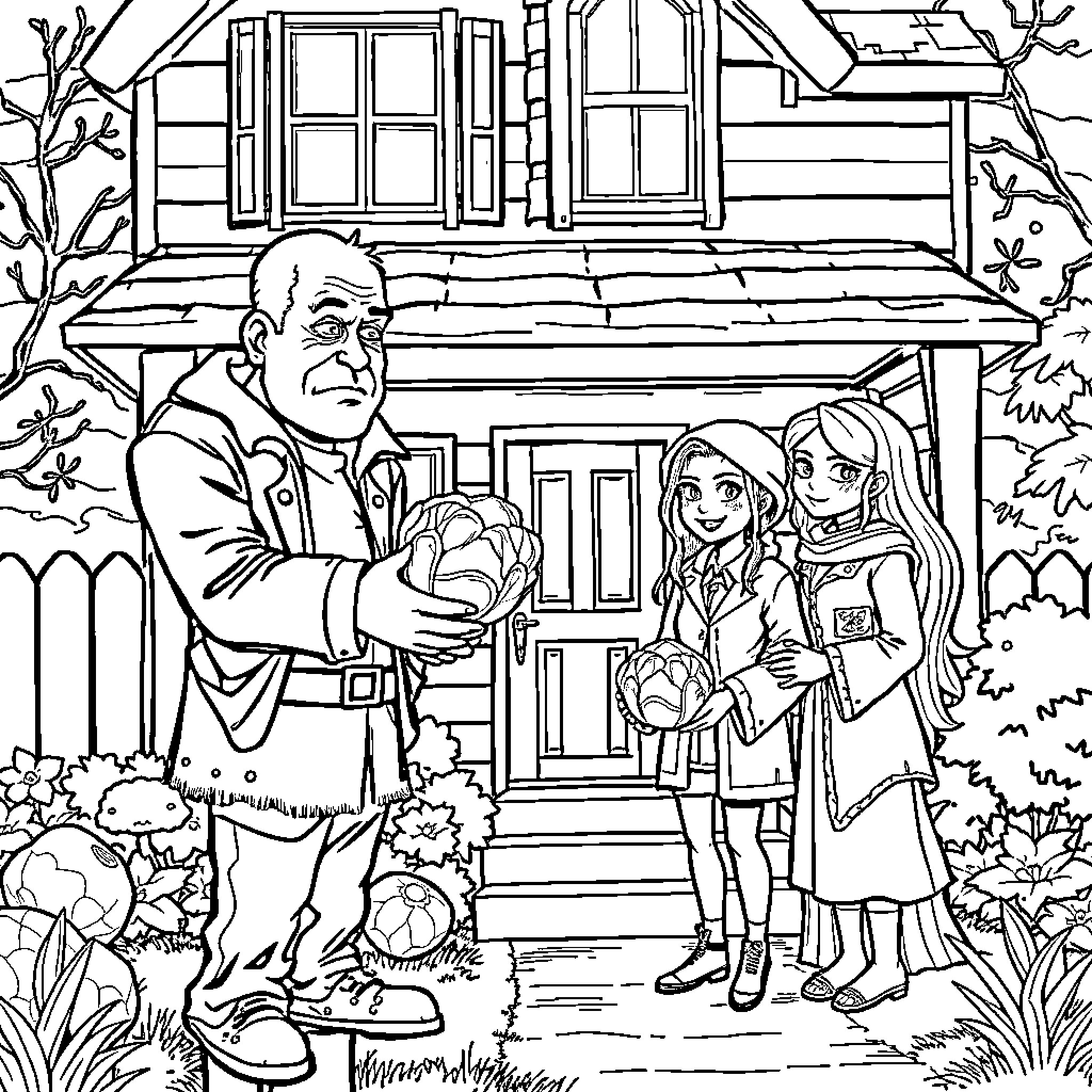Neighbour's friendly welcome at the cozy cottage Coloring Page (free black-and-white line drawing printable PDF for all, from beginners to advanced learners, including children, teens, adults, and seniors)