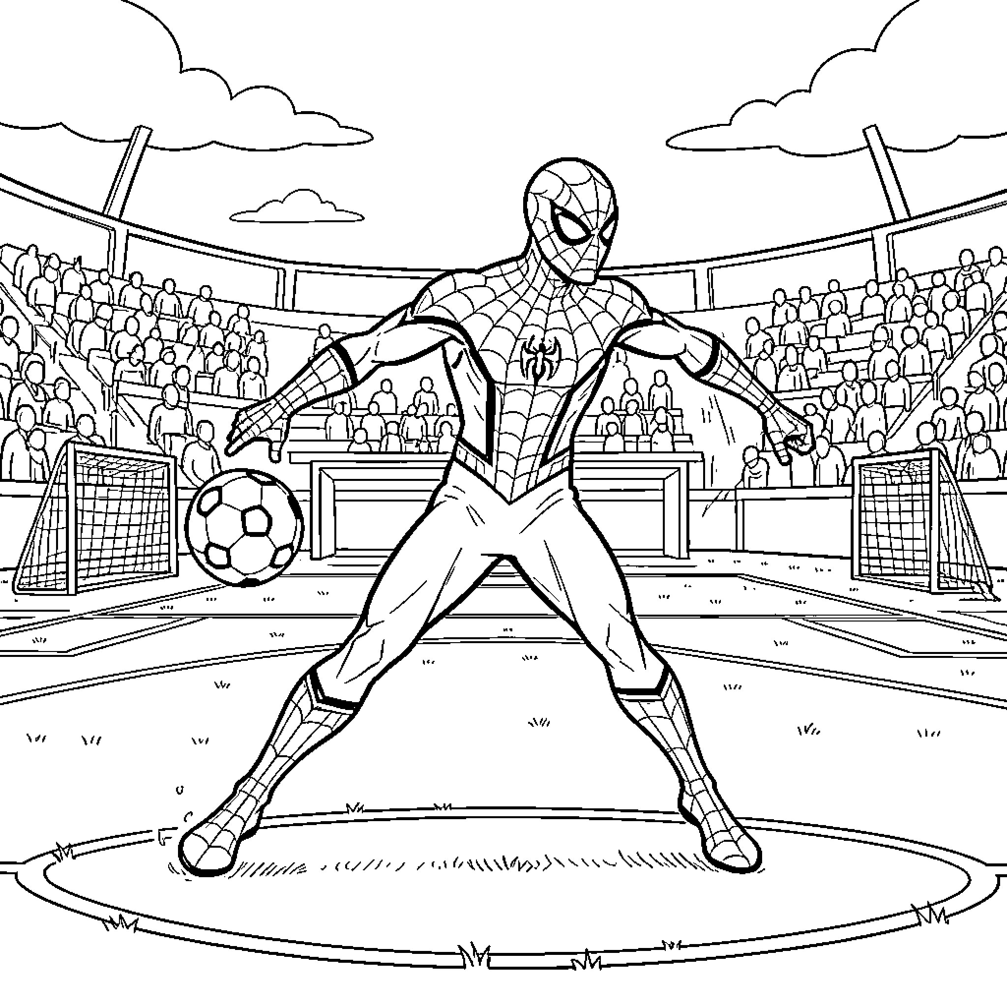 Spiderman playing soccer in a crowded stadium Coloring Page (free black-and-white line drawing printable PDF for all, from beginners to advanced learners, including children, teens, adults, and seniors)