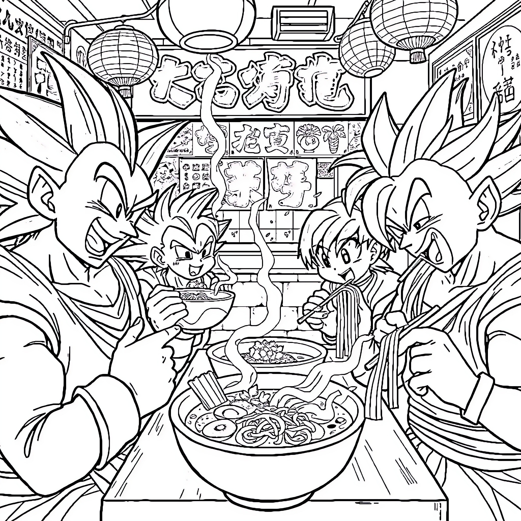 Dragonball Characters Enjoying a Meal Together Coloring Page (free black-and-white line drawing printable PDF for all, from beginners to advanced learners, including children, teens, adults, and seniors)