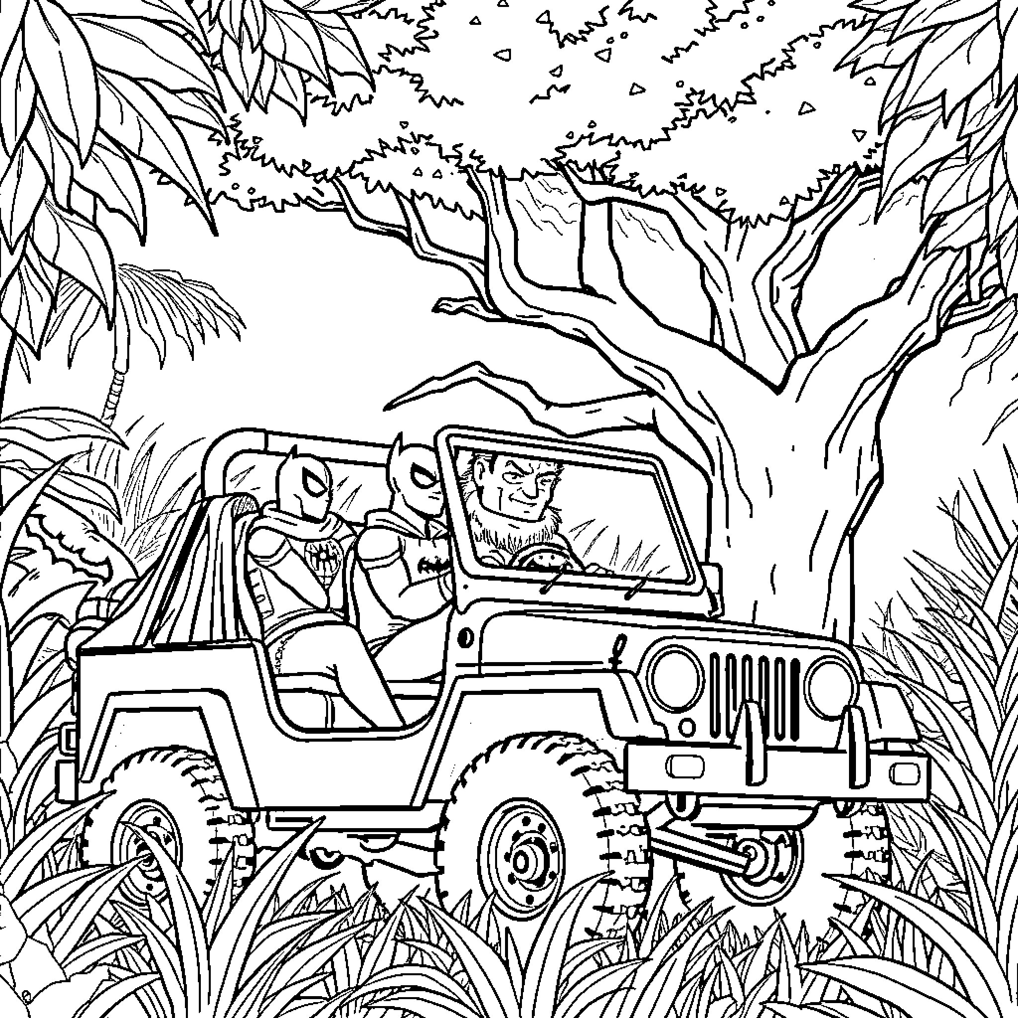 Spiderman exploring the jungle in a jeep Coloring Page (free black-and-white line drawing printable PDF for all, from beginners to advanced learners, including children, teens, adults, and seniors)