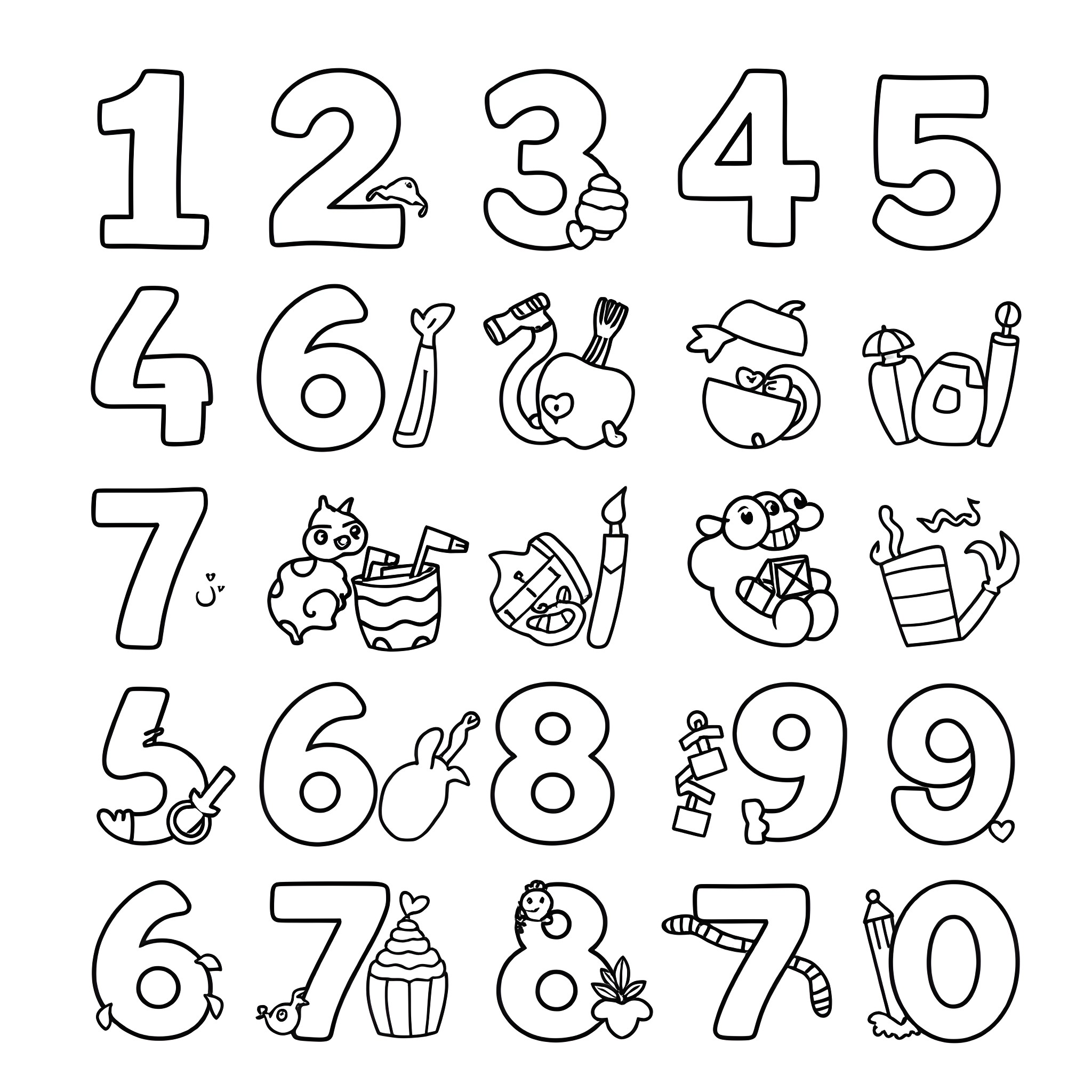Number Figures with Doodle Graphics Coloring Page (free black-and-white line drawing printable PDF for all, from beginners to advanced learners, including children, teens, adults, and seniors)