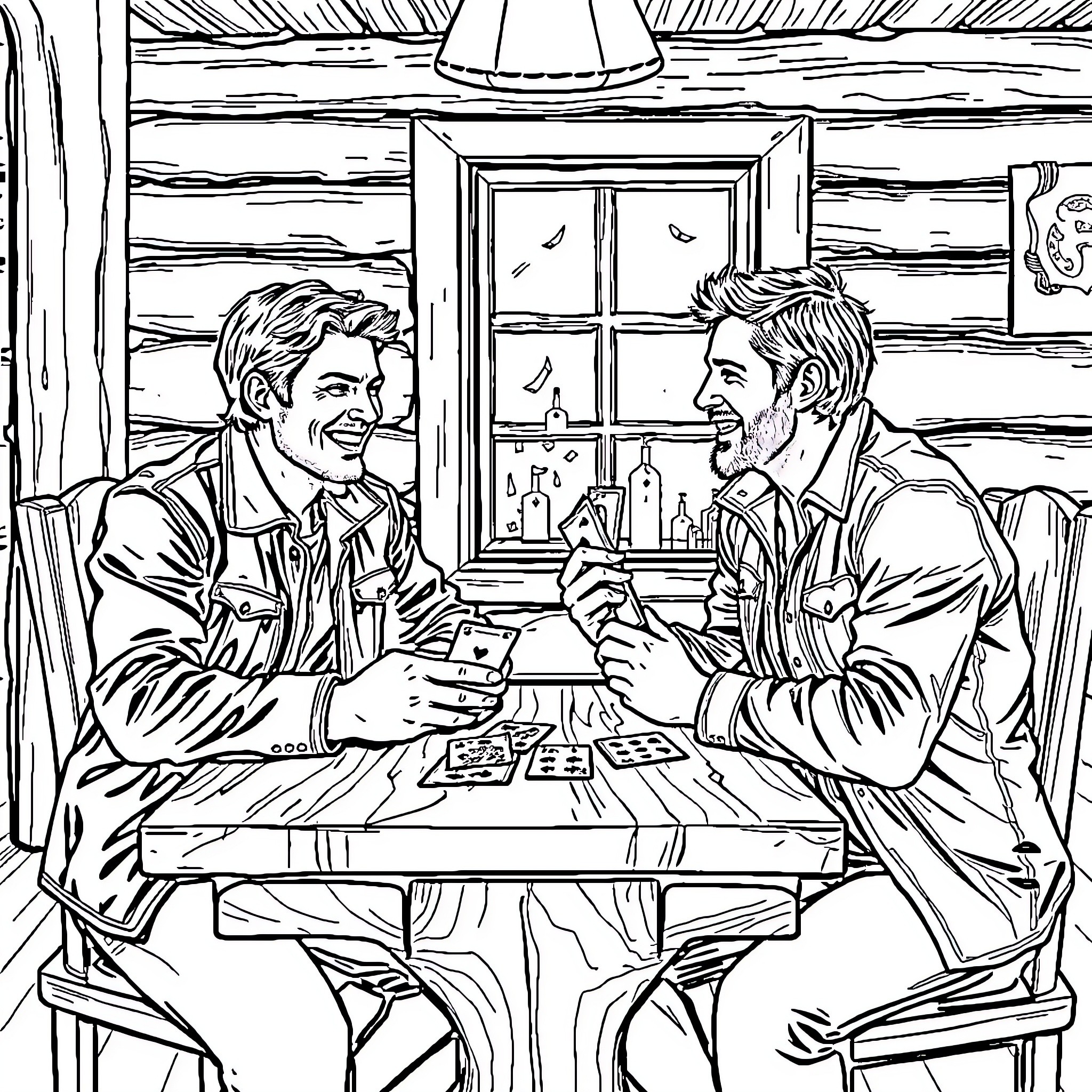 Winchester Gentlemen Conversing Merrily in Cabin Coloring Page (free black-and-white line drawing printable PDF for all, from beginners to advanced learners, including children, teens, adults, and seniors)
