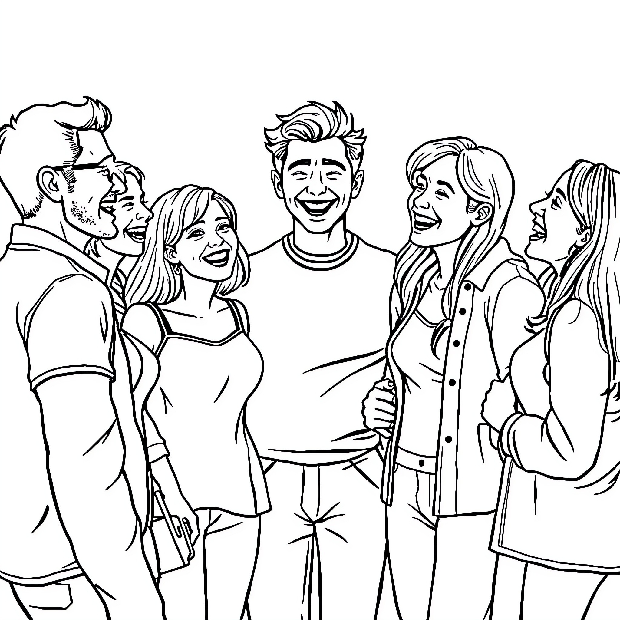 Person sharing laughter with group of friends Coloring Page (free black-and-white line drawing printable PDF for all, from beginners to advanced learners, including children, teens, adults, and seniors)